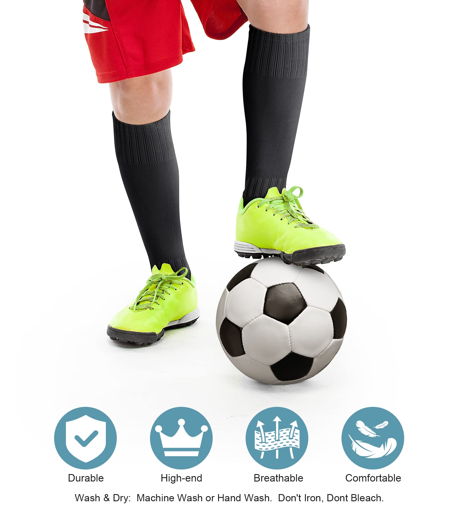 FPAKDH 2 Pairs Kids Soccer Socks for 7-13 Years Old Breathable Sports Training Socks for Girls Boys Football Socks Black