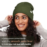 YANIBEST Womens Satin Lined Knit Beanie Hat Acrylic Winter Hats for Women Men Silk Lining Soft Slouchy Warm Cuffed Beanie Hat Pine Green