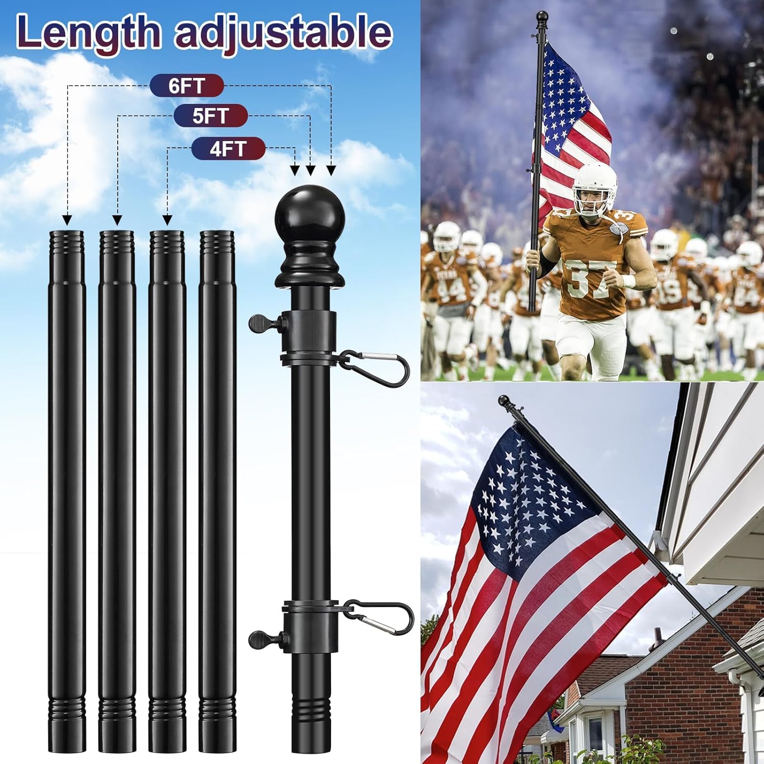 Black Flag Poles for Outside House - 5ft Tangle Free Flag Pole for House,Heavy Duty Metal Flagpole,Outdoor Flagpoles Residential for Porch,Fence (Without Bracket)