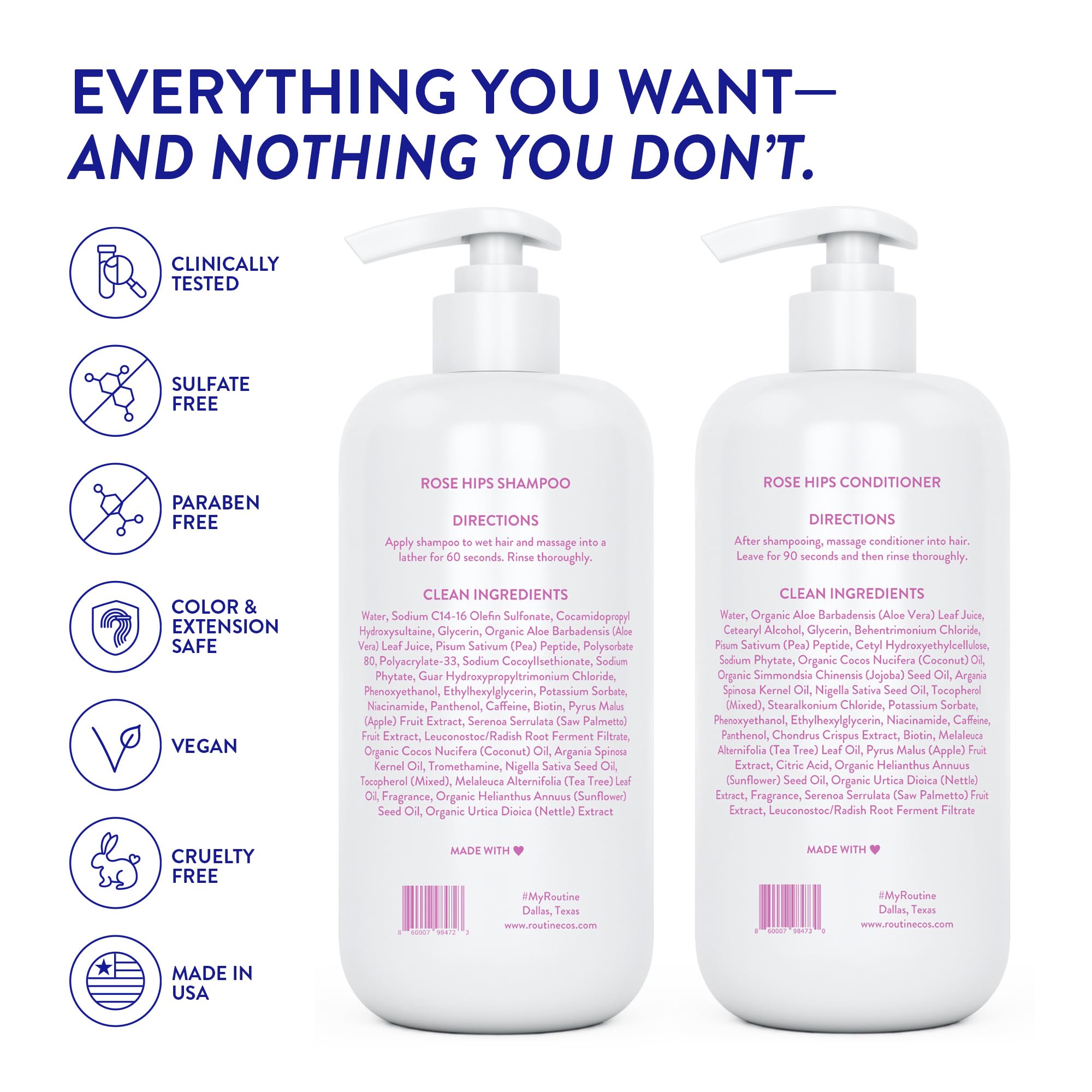 Routine Wellness Anti-Thinning Shampoo and Conditioner Set for Thinning Hair - Biotin DHT Blocker Women & Men - Color Safe Shampoo for Hair Loss & Healthier Hair - Rose Hips (Pack of 2)