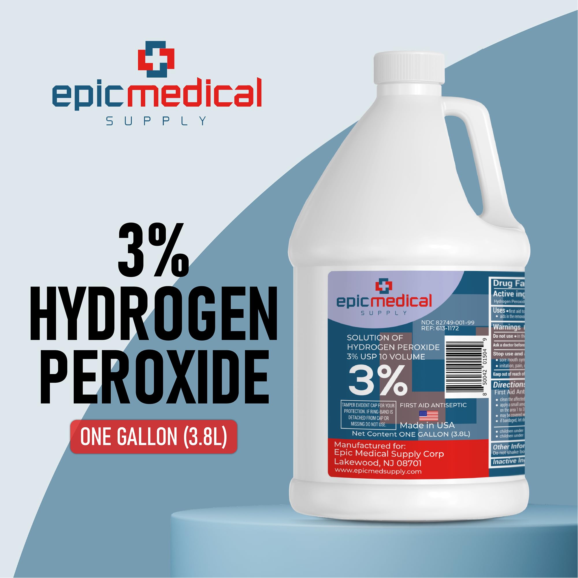 Epic Medical Supply 3% Hydrogen Peroxide - First Aid Antiseptic & Multipurpose Cleaner - Topical Wash for Cuts, Scrapes and Minor Cuts - H2O2 Hydrogen Peroxide 3 Percent USP Solution (1 Gallon)