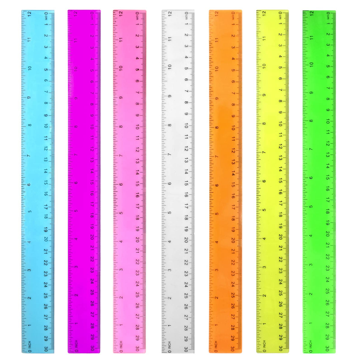 Farbige transparente Lineale, Kunststoff-Lineale – 30 cm Lineal, Kinderlineal für die Schule, Lineal mit Zentimetern, Millimetern und Zoll, verschiedene Farben, durchsichtige Lineale, 7er-Pack Schullineale