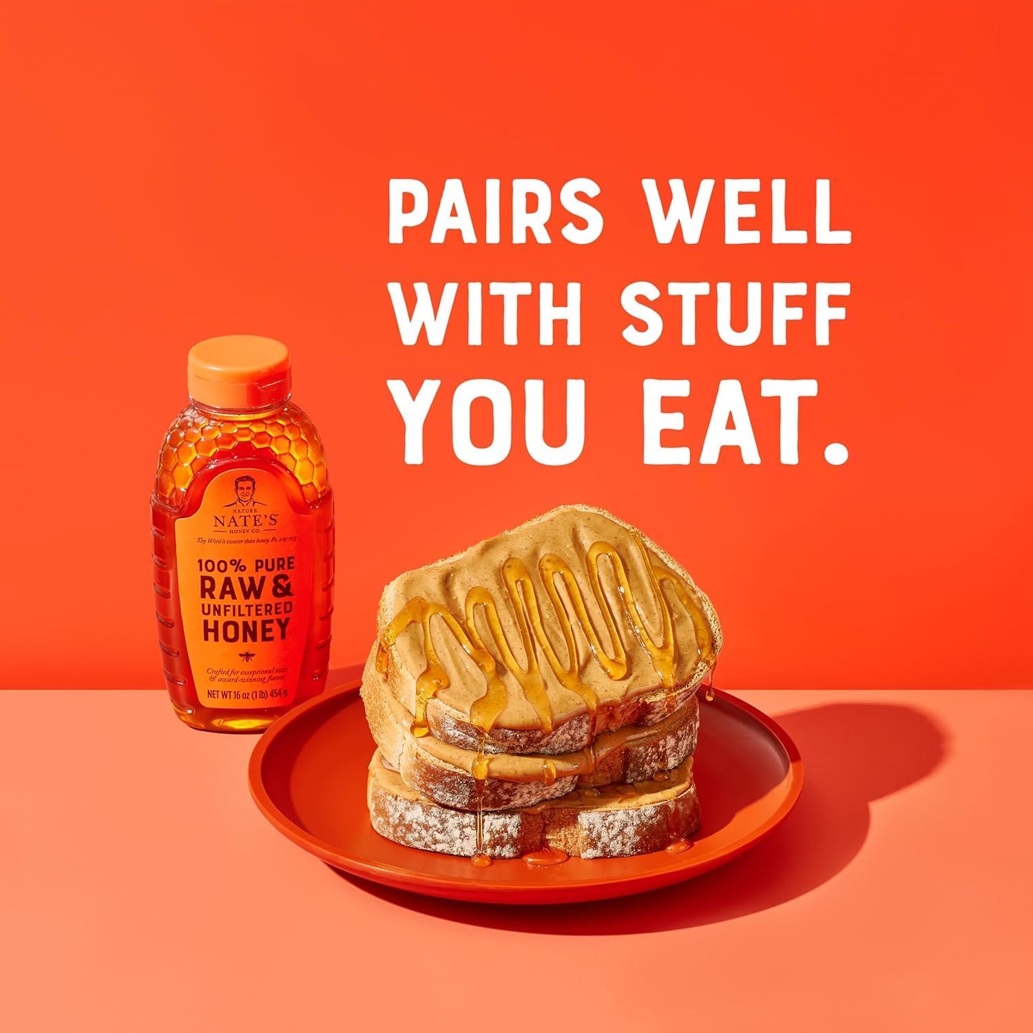 Nate's 100% Pure, Raw & Unfiltered Honey - Award-Winning Taste, 16 oz. Squeeze Bottle