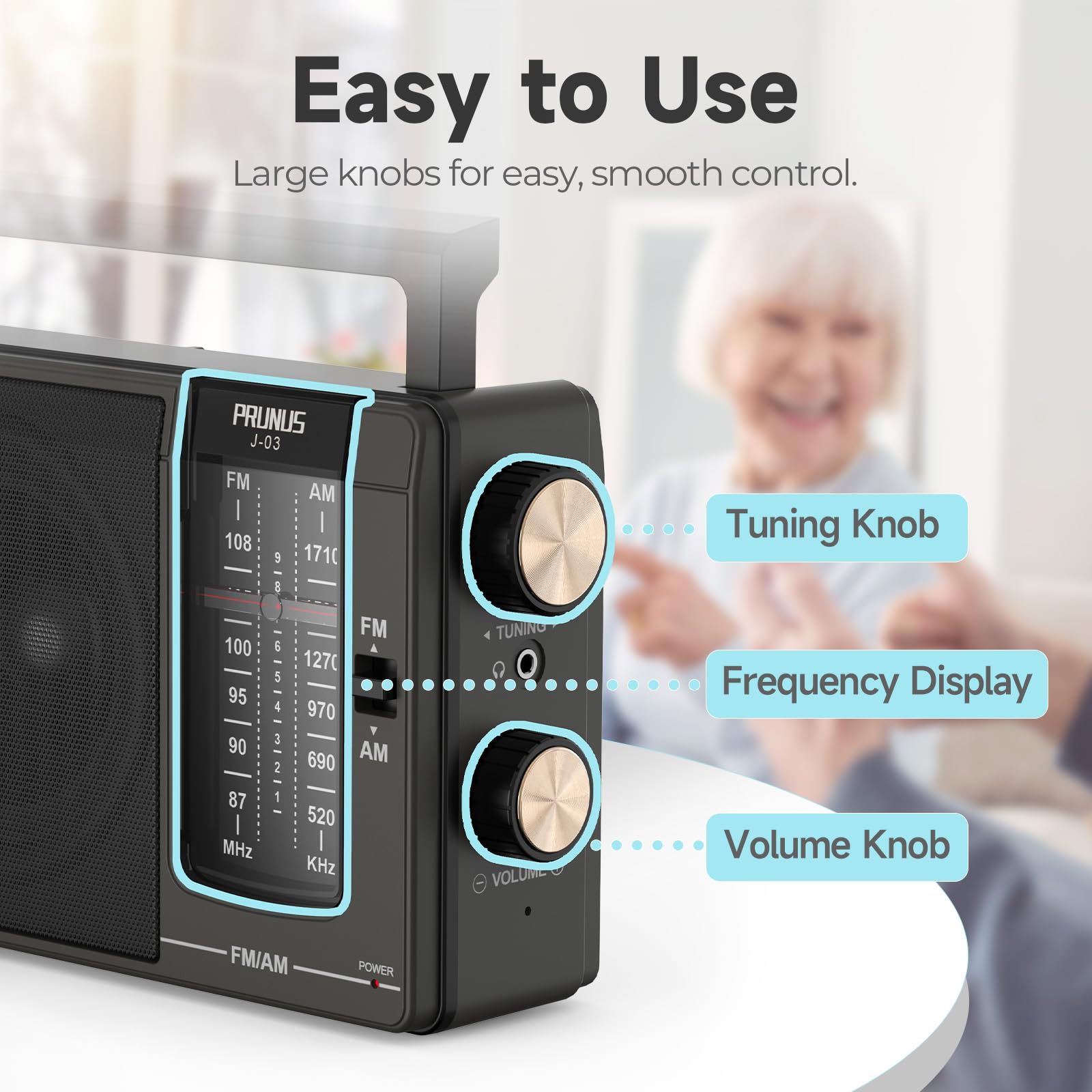 PRUNUS J-03 AM FM Radio Portable Plug in Wall or AA Battery Operated for Home/Outdoor, Large Speaker Excellent Sound, Excellent Reception 19.5 ant, Large Tuning Knobs for Easy to Use,Gifts for Seniors