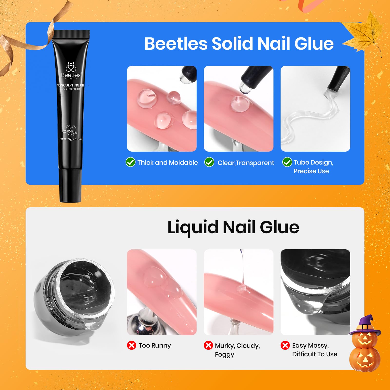 Beetles Sculpting Gel 3D Gel Nail Art Design - 3 in 1 Clear No Wipe Nail Polish Rhinestone Nail Art Glue for Nail Gems Diamond Jewelry Manicure