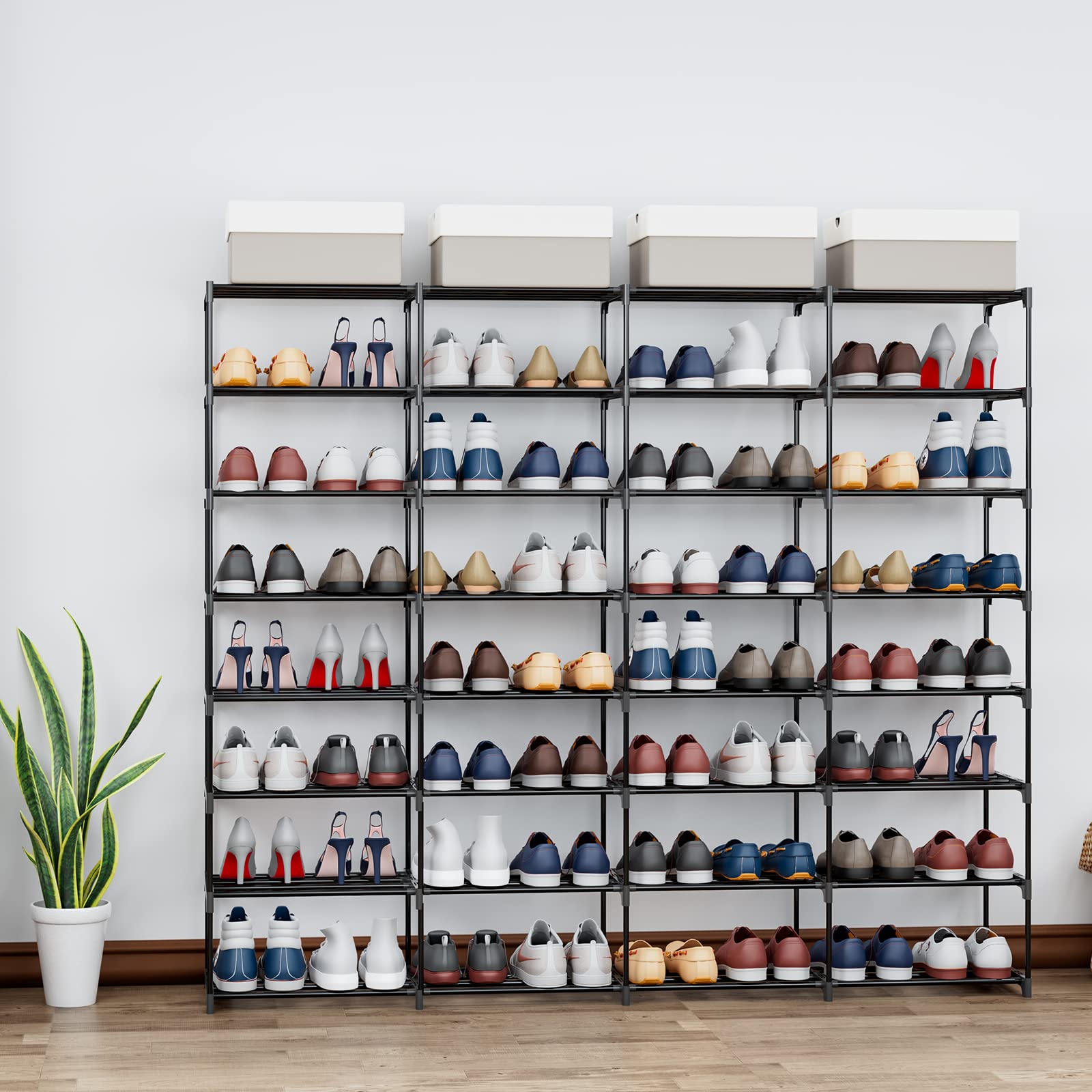 SMILHELTD Shoe Rack Large Capacity 4 Rows 8 Tier 56-64 Pairs Shoes Boots Sneaker Stackable Storage Organizer Garage Entryway Hallway Front Doorway Shoe Tower Cubby Unit Shelf Space Saving