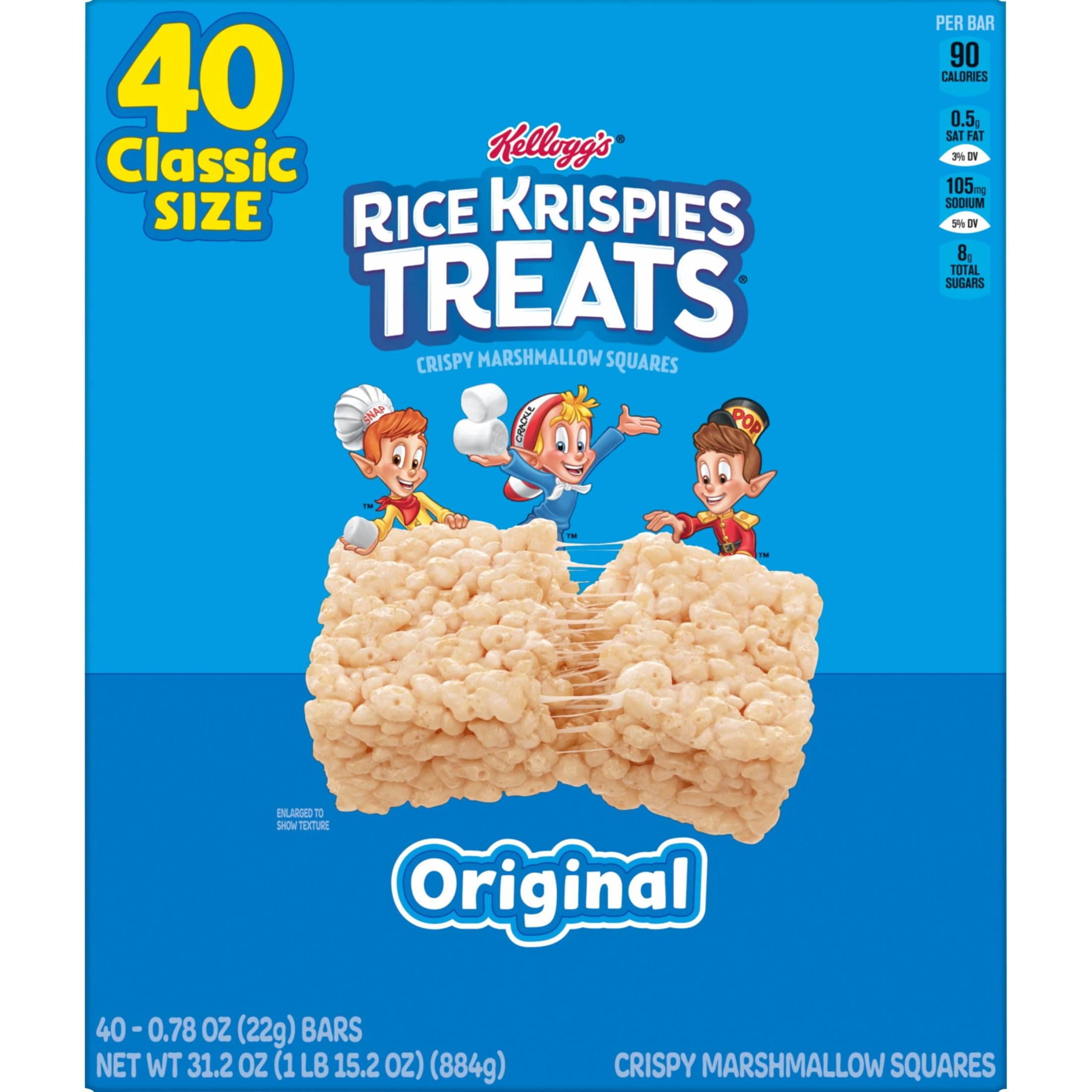 Rice Krispies Treats Crispy Marshmallow Squares, Kids Snacks, Snack Bars, Original, 31.2oz Box (40 Bars)