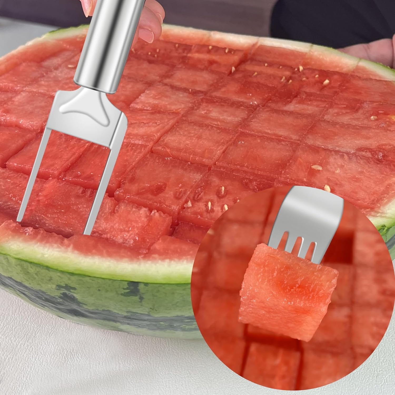 2Pcs Watermelon Cutter Slicer Tool, Stainless Steel 2-in-1 Watermelon Fork Slicer, Portable Watermelon Fork Watermelon Cutter Slicer Tool Fruit Forks Slicer for Home Party Camping Kitchen (2, Silver)