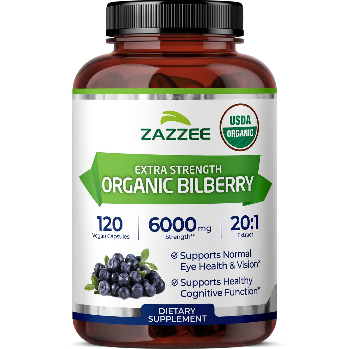 Zazzee توت بري عضوي عضوي USDA مستخلص 20:1، قوة 6000 ملجم، 120 كبسولة نباتية، تكفي لمدة 4 أشهر، مستخلص موحد ومركز 20 مرة، نباتي 100%، طبيعي بالكامل، غير معدل وراثيًا، صنع في الولايات المتحدة الأمريكية