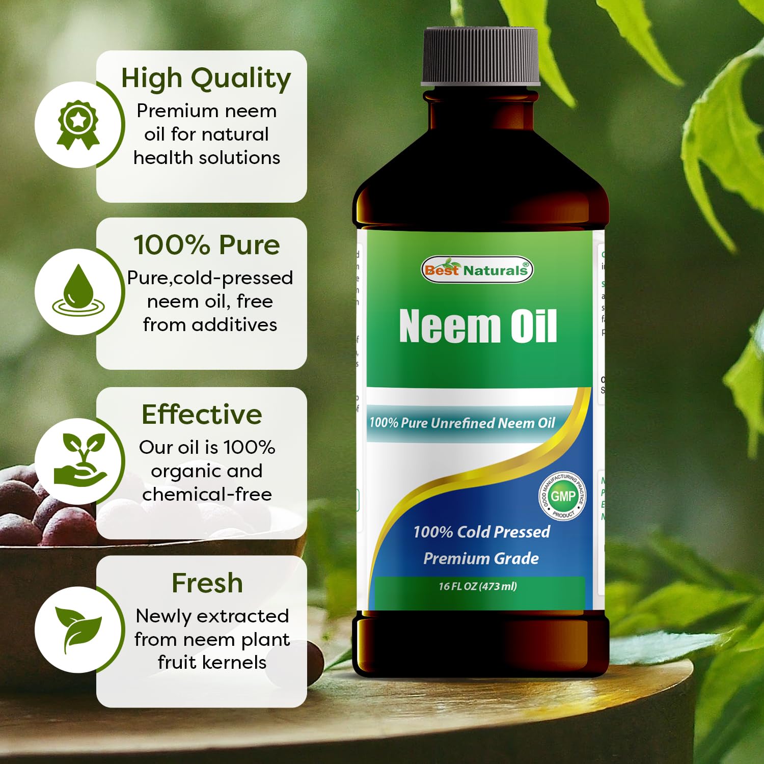 Best Naturals 100% Pure Neem Oil, 100% Cold Pressed and Unrefined - 16 OZ (1 Bottle)