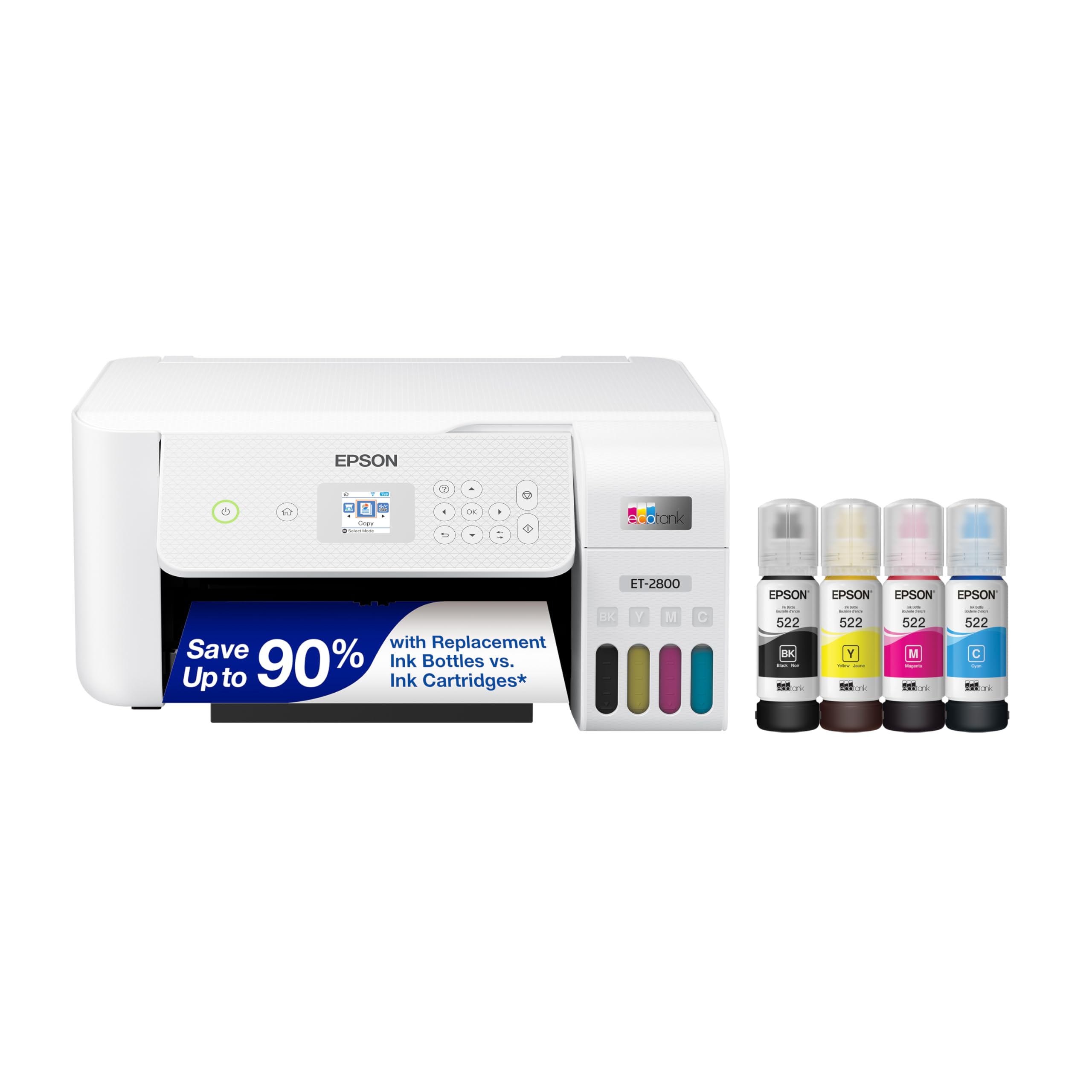 Epson EcoTank ET-2800 Wireless Color All-in-One Cartridge-Free Supertank Printer with Scan and Copy a" The Ideal Basic Home Printer - White, Medium