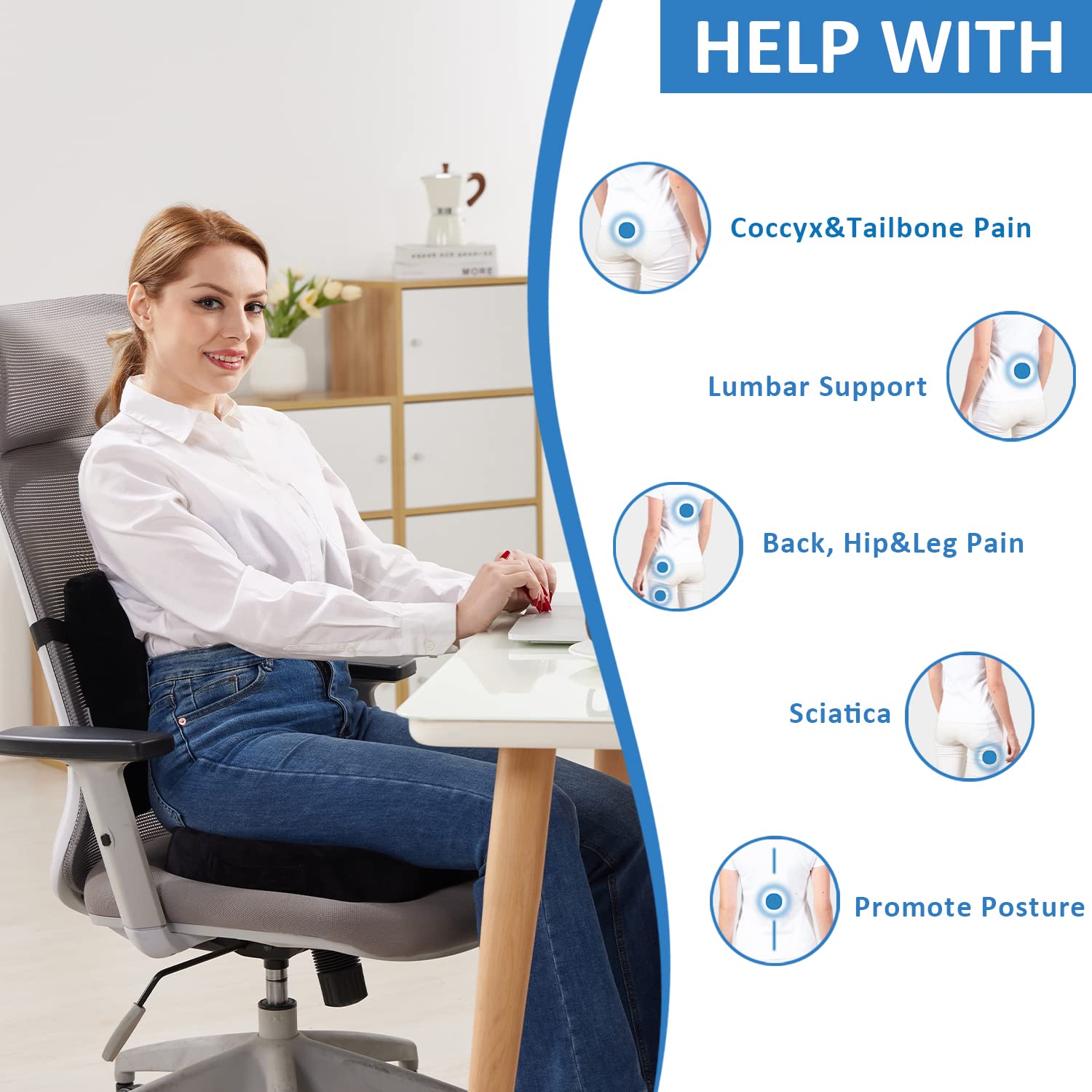SAIREIDER Seat Cushion and Lumbar Support Pillow for Office Chair, Memory Foam Car Seat Cushions Back Support Pillows, Help Relieve Pain of Back, Lumbar, Tailbone and Sciatic Nerve（Black）