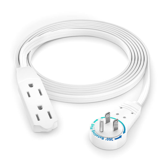 Maximm Cable 6 Ft 360° Rotating Flat Plug Extension Cord/Wire, 16 AWG Multi 3 Outlet Extension Wire, 3 Prong Grounded Wire - White - UL Certified