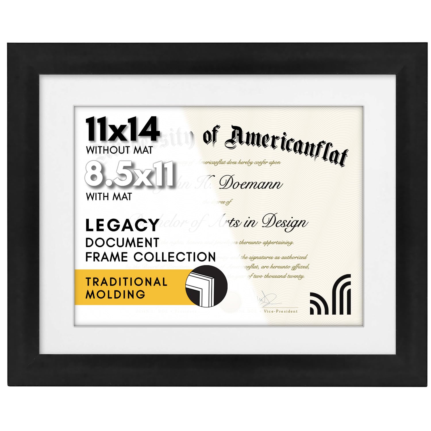 Americanflat 11x14 Diploma Frame with Shatter-Resistant Glass - Use as 8.5x11 Frame with Mat or Display 11x14 Documents Without Mat - Legacy Collection - Certificate Frames for Wall Display - Black