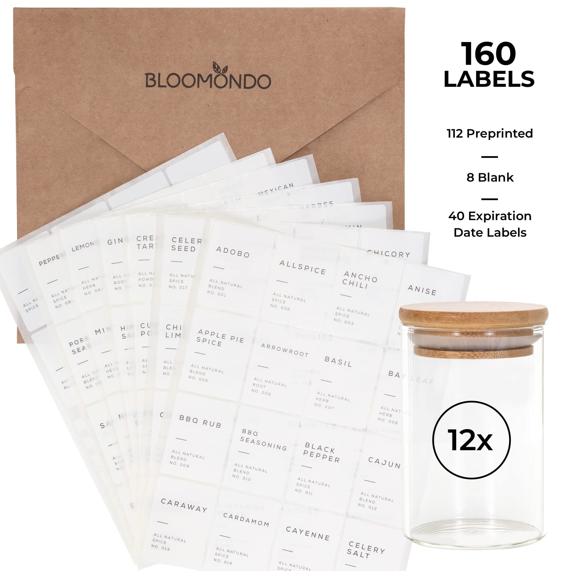 Bloomondo Empty Spice Jars with Label Pack (12x Bamboo Lid Glass Jar). Small 6oz Spice Storage Bottles with 112 Printed Stickers and 48 Writable Pantry Labels for Seasoning Containers