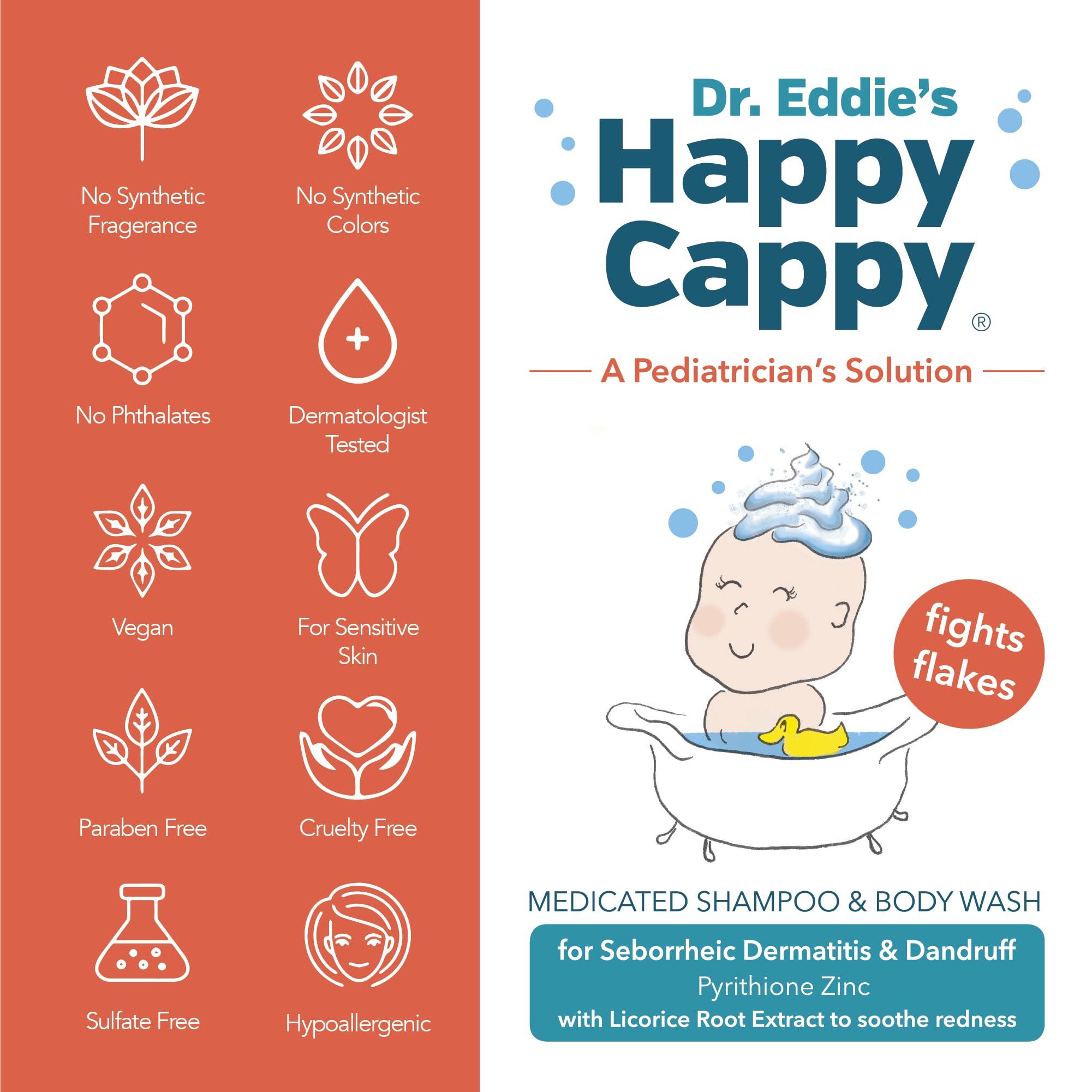 Happy Cappy Dr. Eddie’s Medicated Shampoo and Body Wash- Baby Dandruff Shampoo, Helps Cradle Cap and Seborrheic Dermatitis, Reduces Flakes and Redness, Dermatologist Tested, Fragrance-Free - 8 Fl Oz