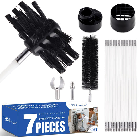 Bluesea 7 Pieces 30 Feet Dryer Vent Cleaner Kit, Reinforced Nylon Dryer Vent Cleaning Kit, Durable Dryer Vent Brush Vacuum Attachment with Flexible Lint Trap Brush, Vacuum & Dryer Adapters