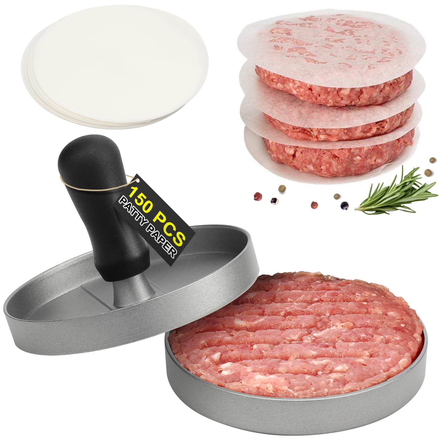 TACGEA Burger Press 150 Patty Papers, Non-Stick Hamburger Patty Maker with Wax Paper, Aluminum Burger Maker for Kitchen BBQ Grill