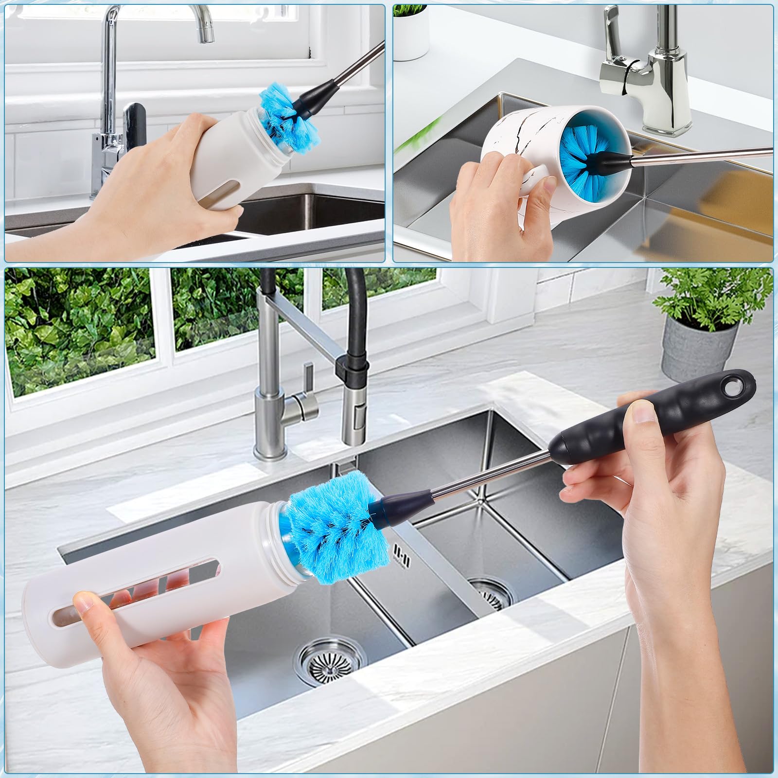 12.2 inch Bottle Brush Set of Three，Washable Coffee Cups, Water Bottles, Baby Bottles, Straws, to-go Cups, Long-Handled 3-in-1 Stainless Steel Bottle Brushes.