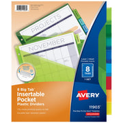 Avery Insertable Plastic Dividers for 3 Ring Binders, 8 Tabs per Set, Big Tabs, Two Pockets, Multicolor Binder Dividers, Works with Sheet Protectors (11903)