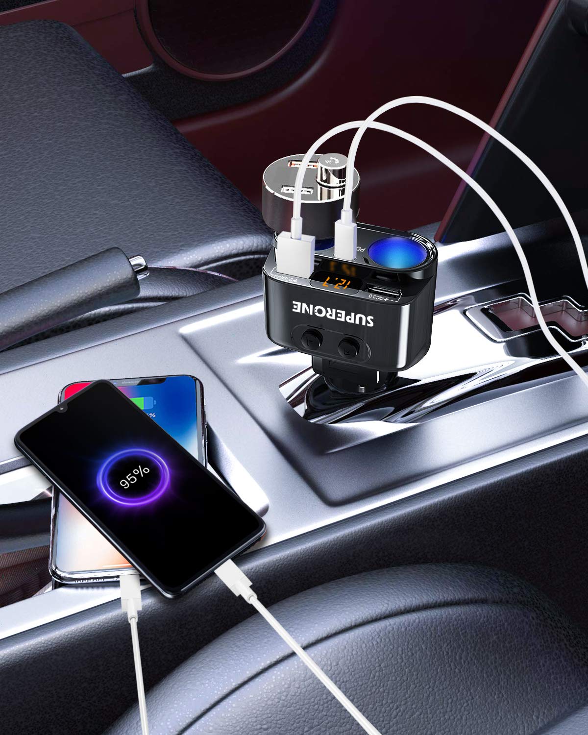 SUPERONE 200W 2-Socket Cigarette Lighter Splitter Power Adapter, USB C Car Charger with 20W Power Delivery 3.0 & QC 3.0 for iPhone 17/16 Pro Max/15/14/13/12/11 Pro/X/8, Samsung, Google Pixel and More