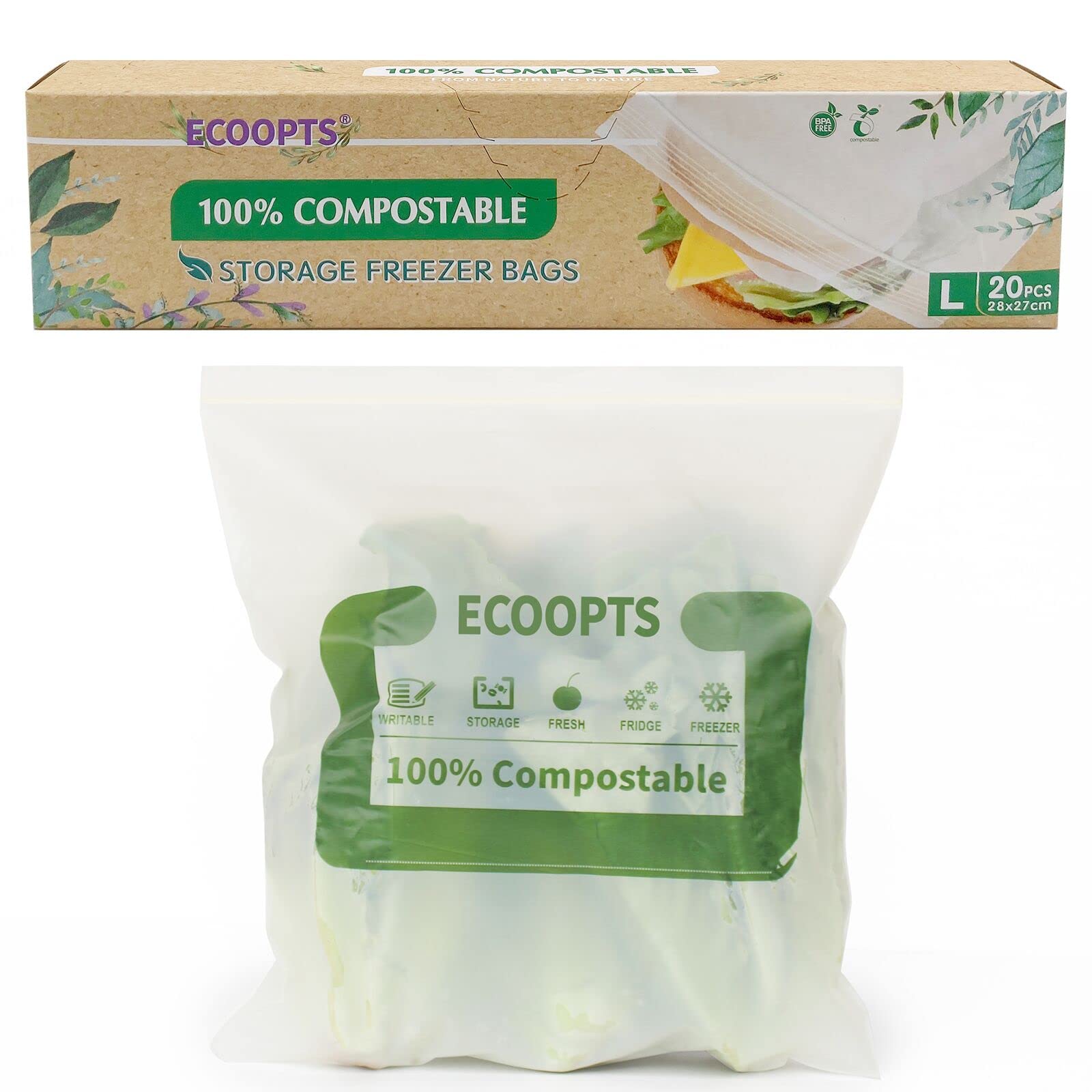 100% Compostable Large Gallon Zip Bag | ECO-Friendly Food Storage Bags | Freezer Bag | Plant-Based BPA-free | Seal well for Fruit,Food and Snack (1, Large)