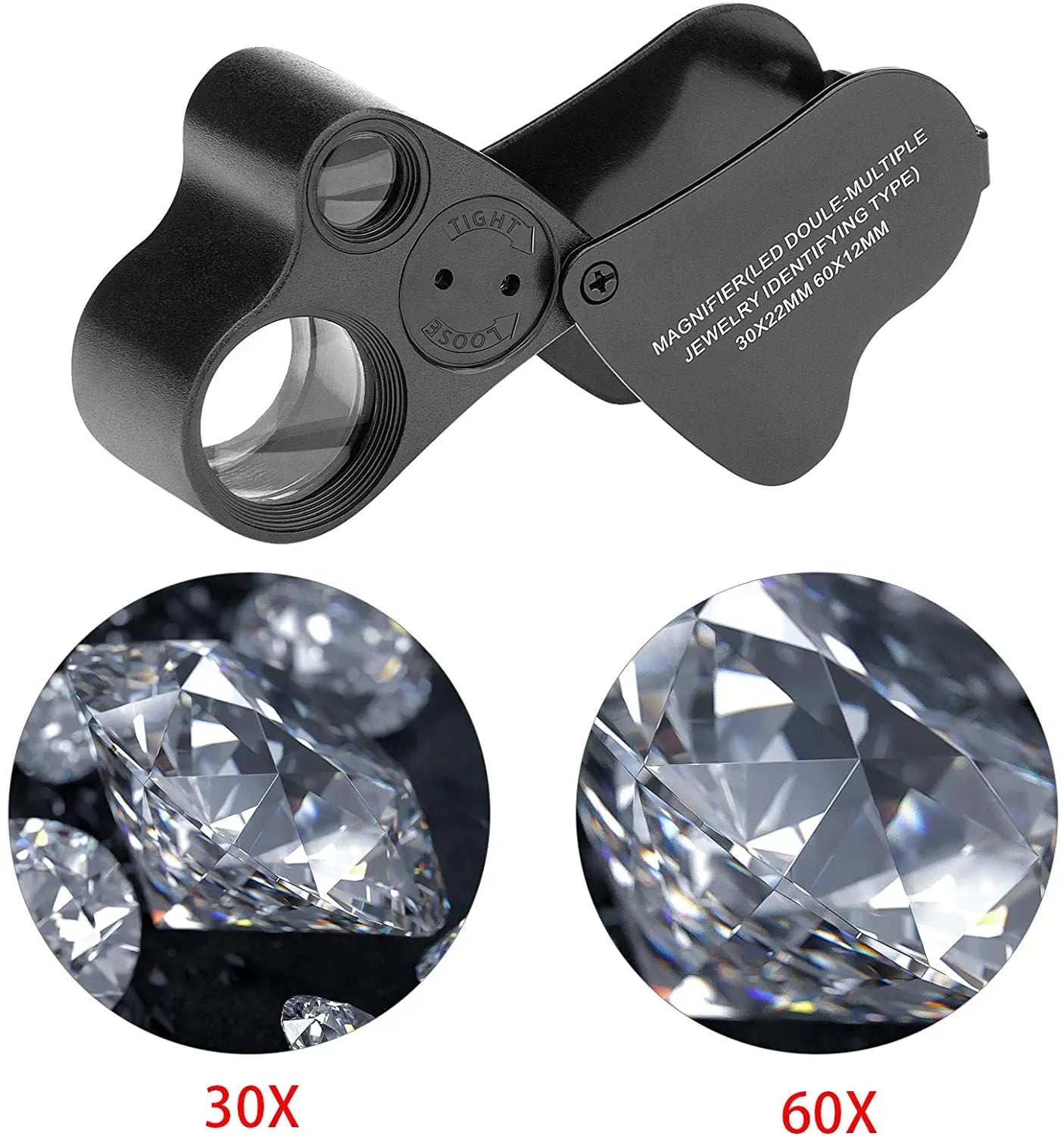 HMKIS Jewelers Loupe, 2 Pack Magnifying Glass with Light, 30X 60X 90X Jewelers Loop Magnification with 20 Backup Batteries for Coin, Diamonds, Gems, Jewelry, Stamps Close Work