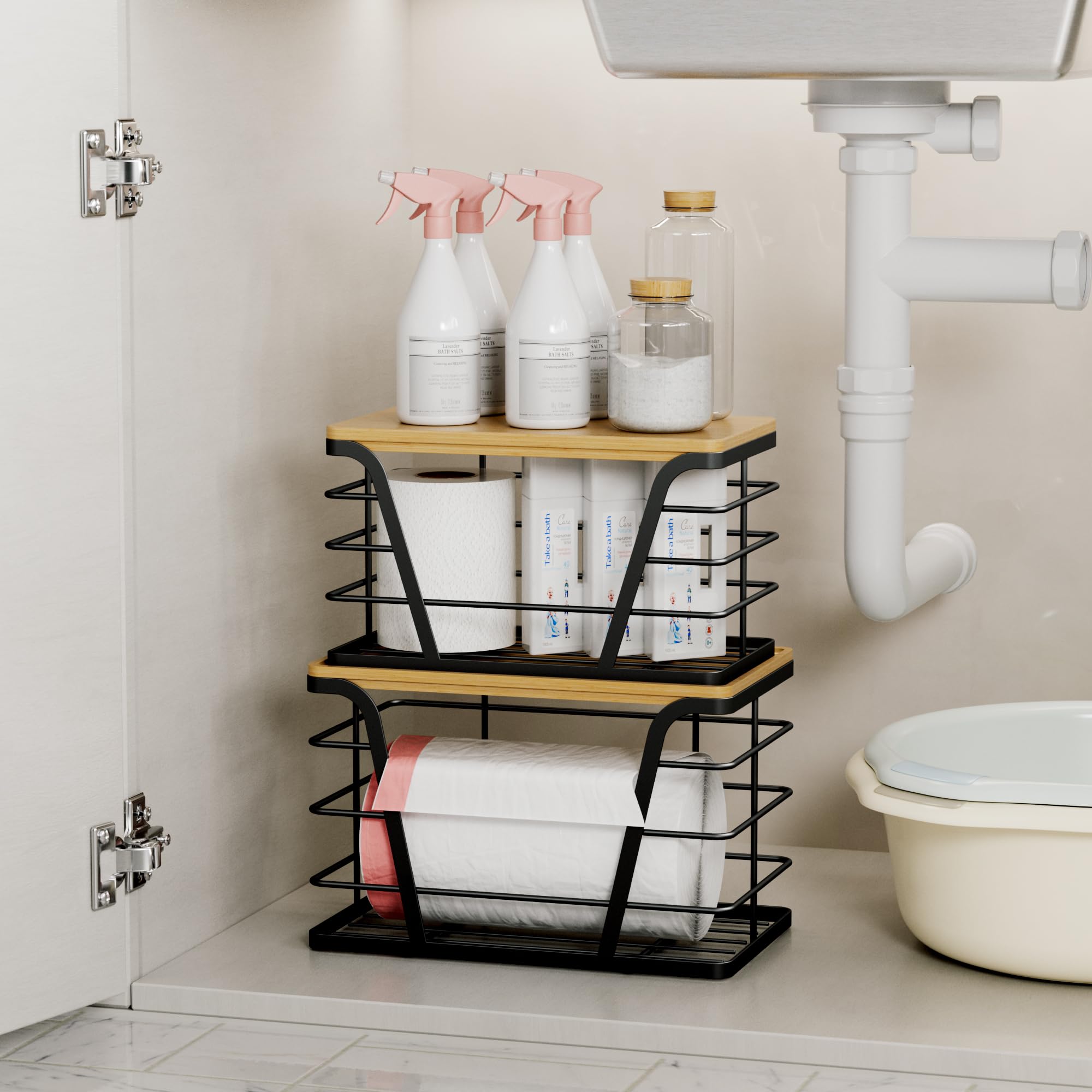 TIDIIABODE 2 Pack Stackable Storage Laundry Kitchen Organizers, Wall Mount Trash Bag Holder with Bamboo Top and Garbage Bag Dispenser No Drill