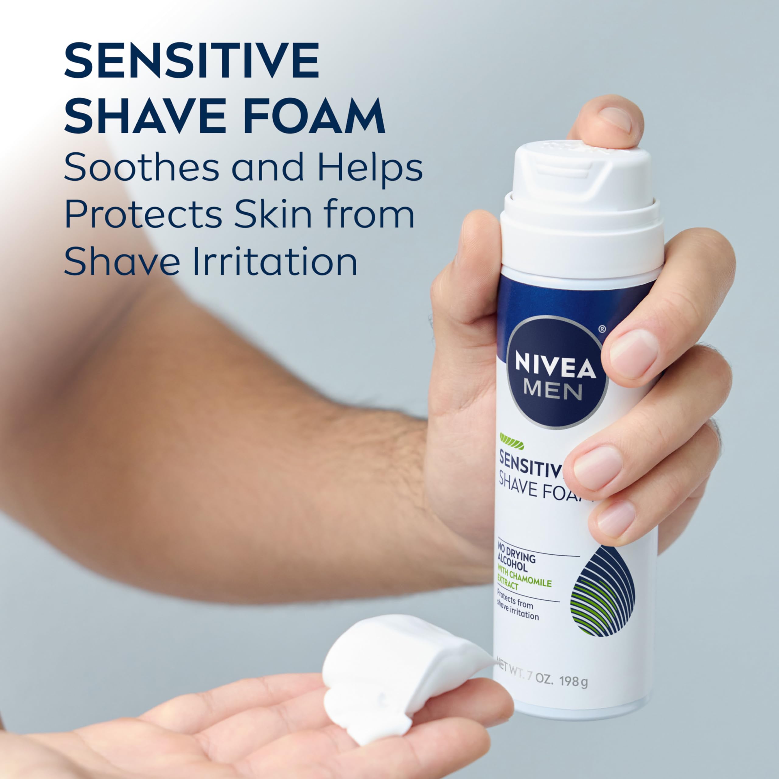 NIVEA MEN Sensitive Shave Foam with Vitamin E and Chamomile and Witch Hazel Extracts, Alcohol Free Shaving Foam for Men Protects and Comforts Sensitive Skin, 7 Oz Can - Pack of 6