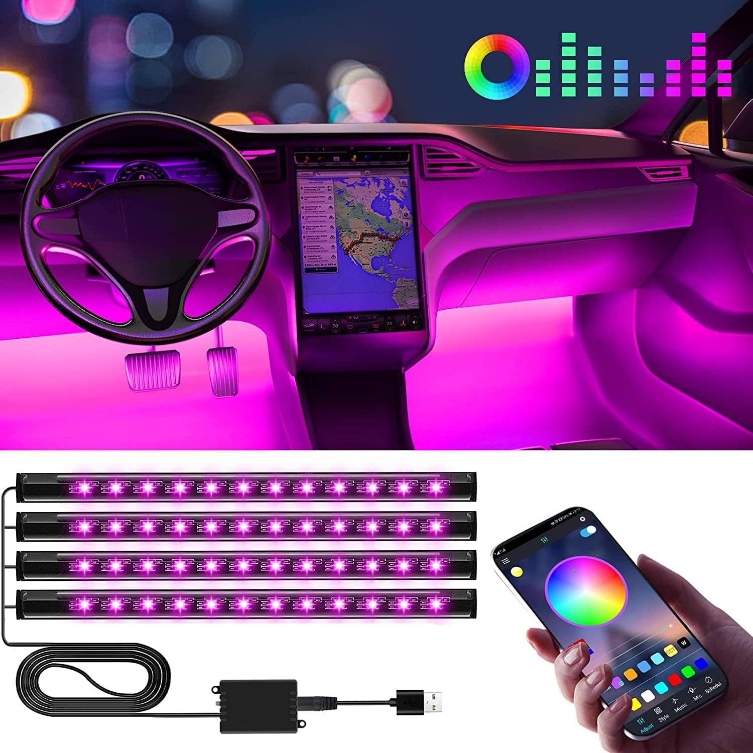 Winzwon Led Lights for Car Accessories Interior, Birthday Gifts for Women Men, Halloween Trunk or Trick Car Decorations Kit APP Control with USB Port Color Change Lights for Truck Decor, 12V