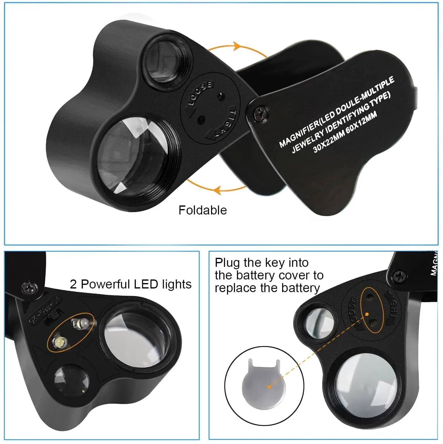 HMKIS Jewelers Loupe, 2 Pack Magnifying Glass with Light, 30X 60X 90X Jewelers Loop Magnification with 20 Backup Batteries for Coin, Diamonds, Gems, Jewelry, Stamps Close Work