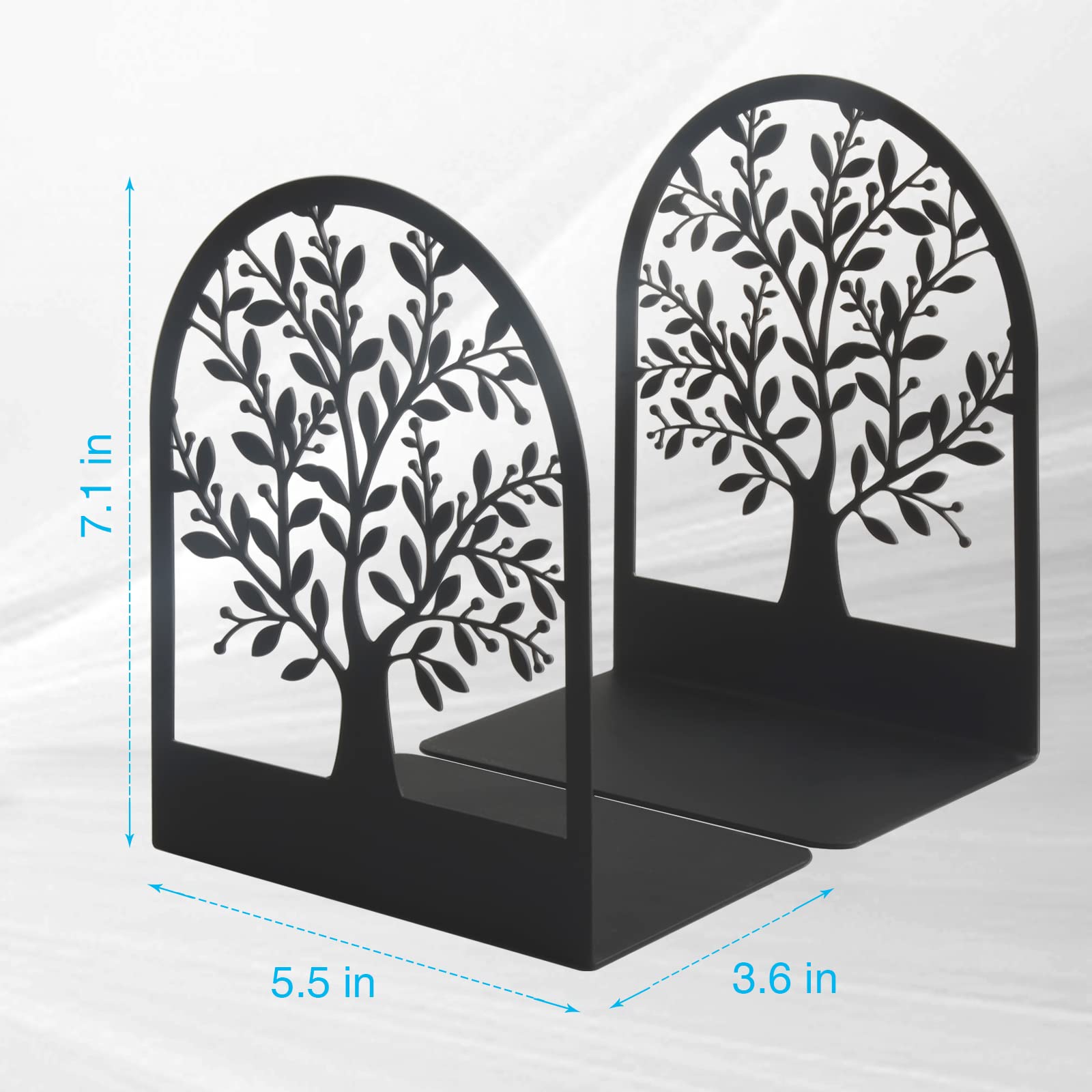 Umikk Book Ends, Metal Bookend, Tree of Life Bookend for Shelves, Home Decorative Bookends for Heavy Books, Black Non-Skid Book Stopper, 7 x 5.5 x 3.5 inch (1 Pair)