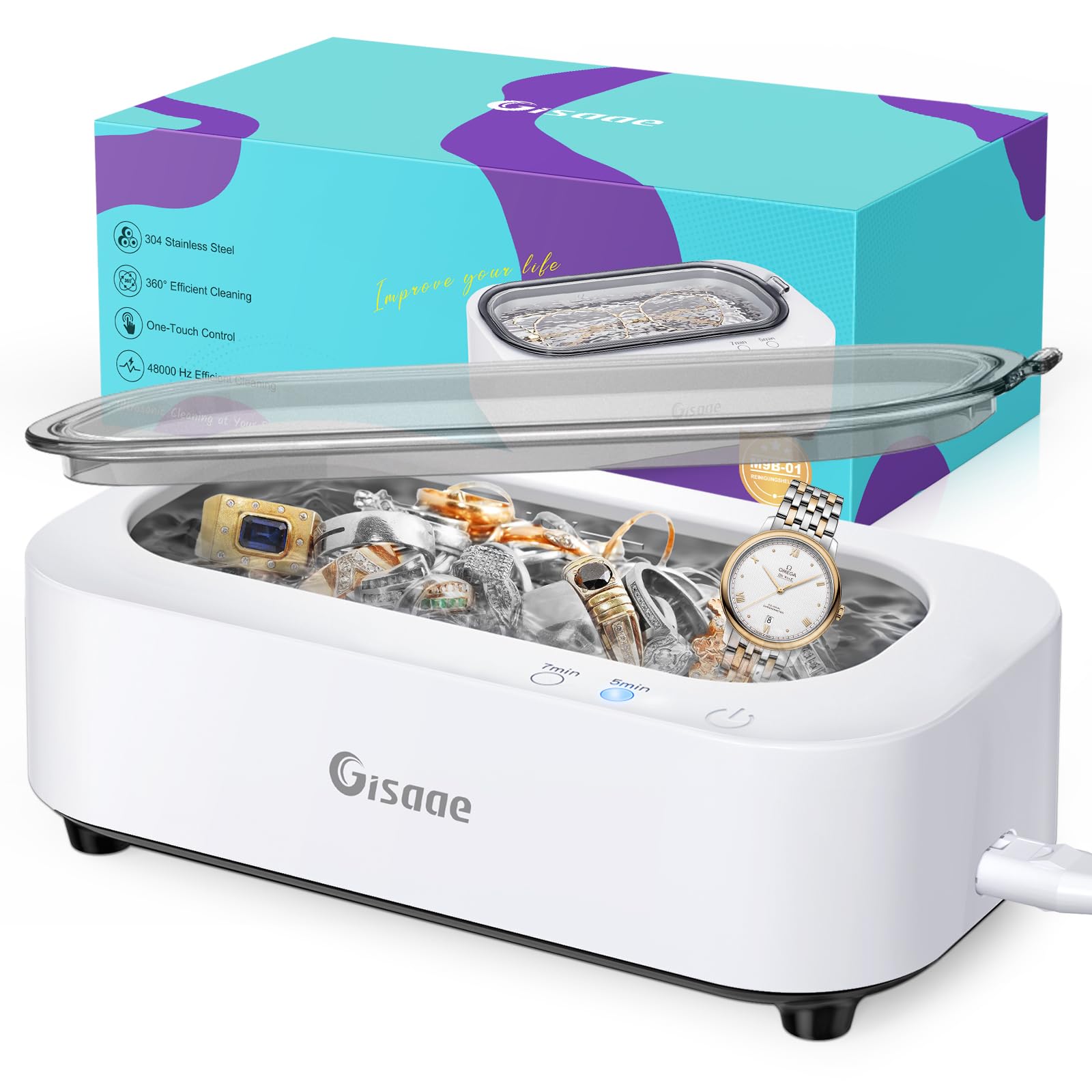 Gisaae Jewelry Cleaner, 11.8oz(350ML) Portable Ring Cleaner with 2 Modes, 48kHz Jewelry Cleaner Ultrasonic Machine for Glasses, Watch Band, Retainer, Denture, Razor, Silver