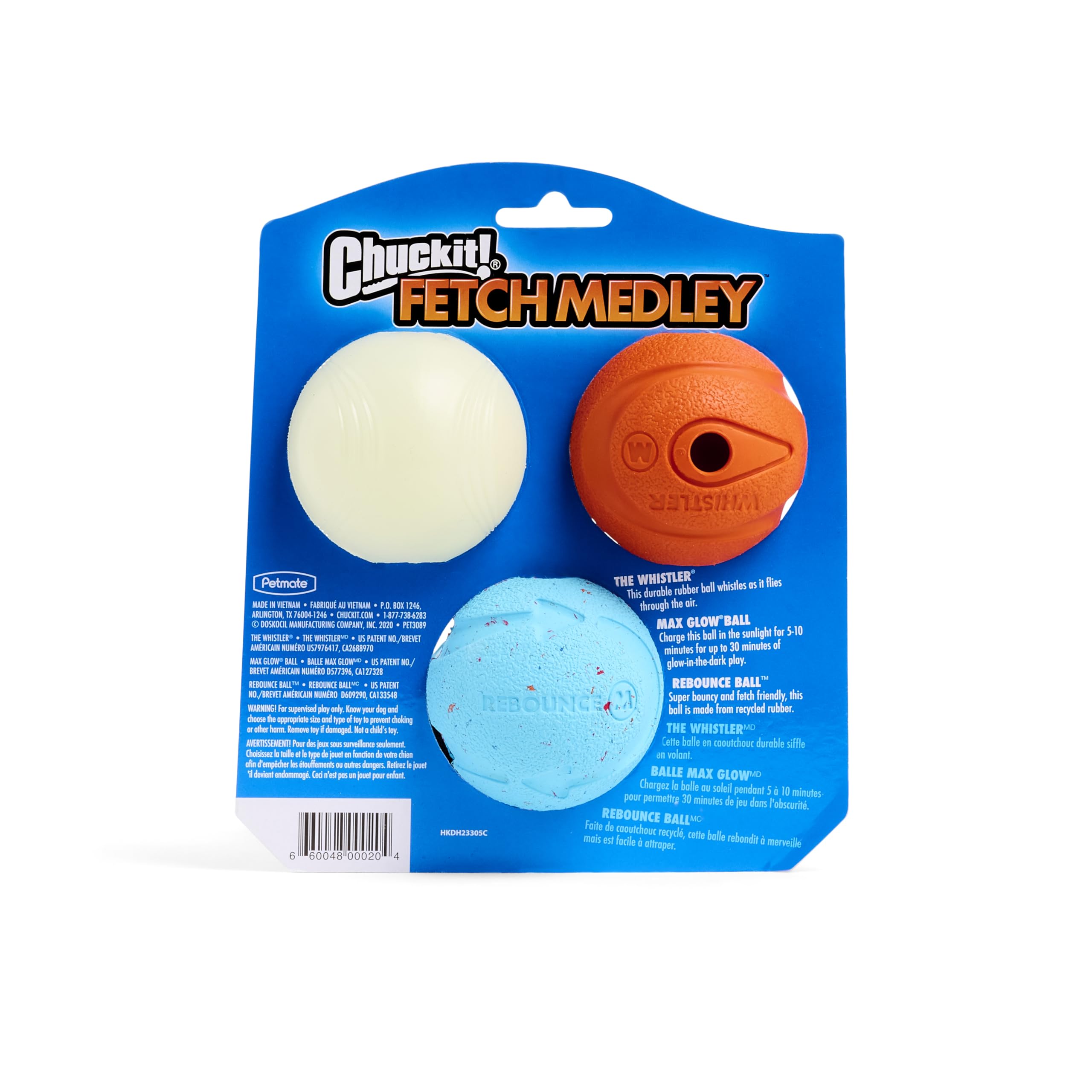 Chuckit! Fetch Medley Dog Ball Dog Toys, Medium (2.5 Inch) Pack of 3, for Medium Breeds, Includes Whistler, Max Glow and Rebounce Balls