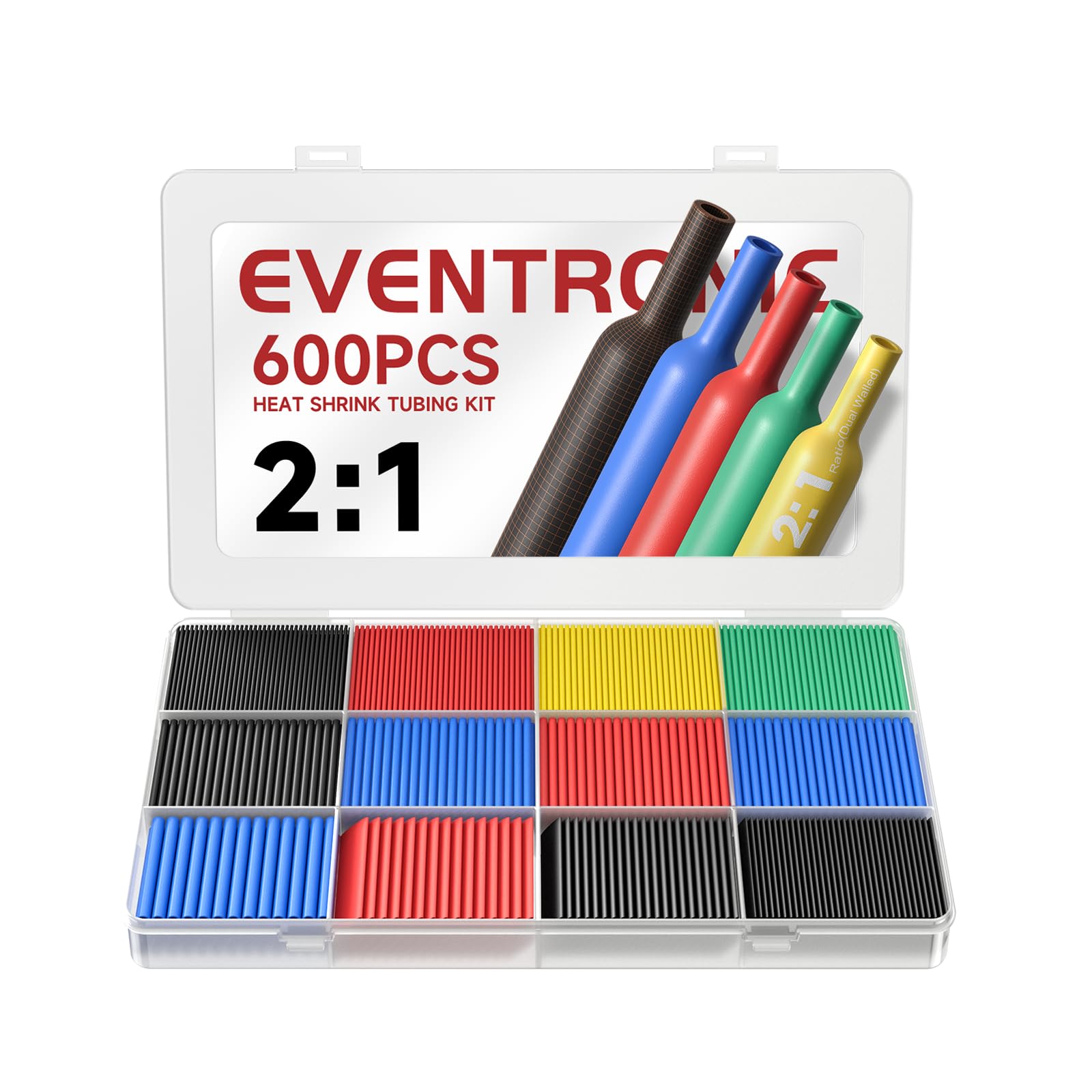 Eventronic 600tlg Schrumpfschlauch-Set 2:1, elektrische Drahtkabelummantelung, Sortiment, elektrische Isolierung, Schrumpfschlauch-Set mit Box (5 Farben/12 Größen), Schwarz, Rot, Blau, Gelb, Grün