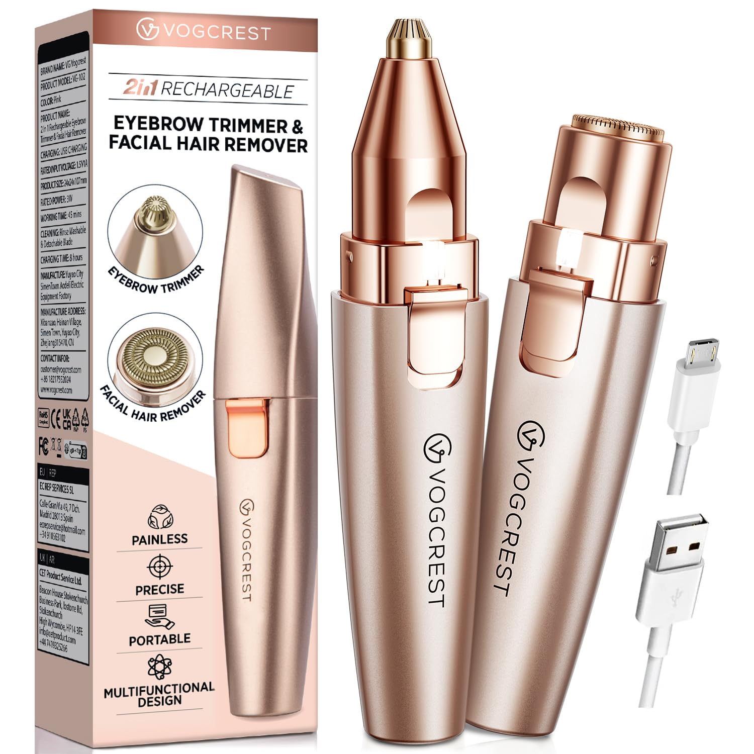 VG VOGCREST Eyebrow Facial Trimmer: 2 in1 Rechargeable Facial Hair Removal and Eyebrow Shaver - Face Lips Body Painless Facial Razor with Built-in LED Light (Rose Gold)