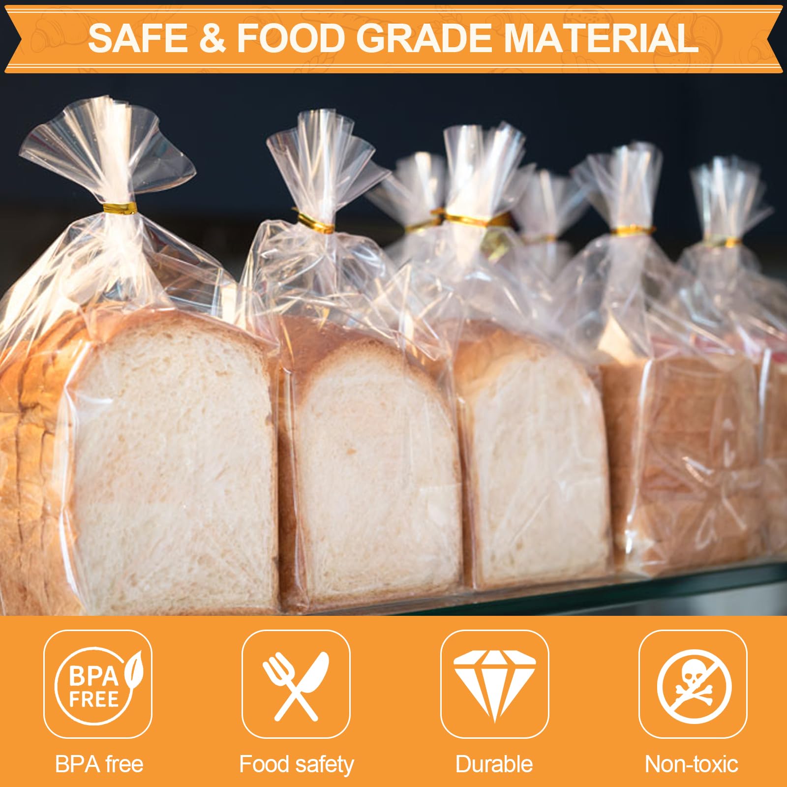 Vivinin 70 Pack Clear Bread Bags (8" x 4" x 18") & 100 Pack Ties - Reusable Plastic Storage Bags for Homemade Loaves, Bakers, and Bakery Owners