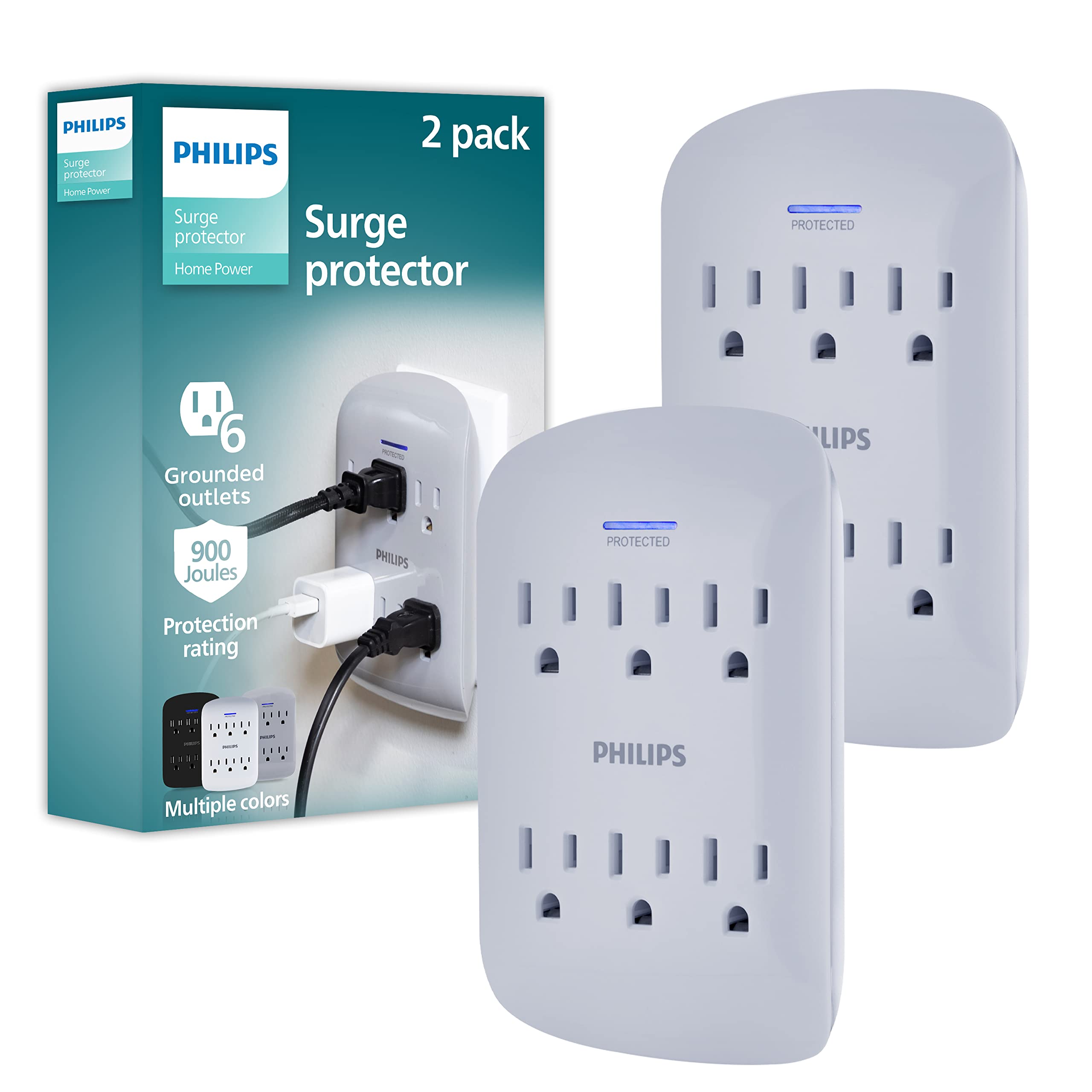 Philips 6-Outlet Surge Protector Tap, 900 Joules, Space Saving Design, Protection Indicator LED Light, Gray & White, SPP3461WA/37