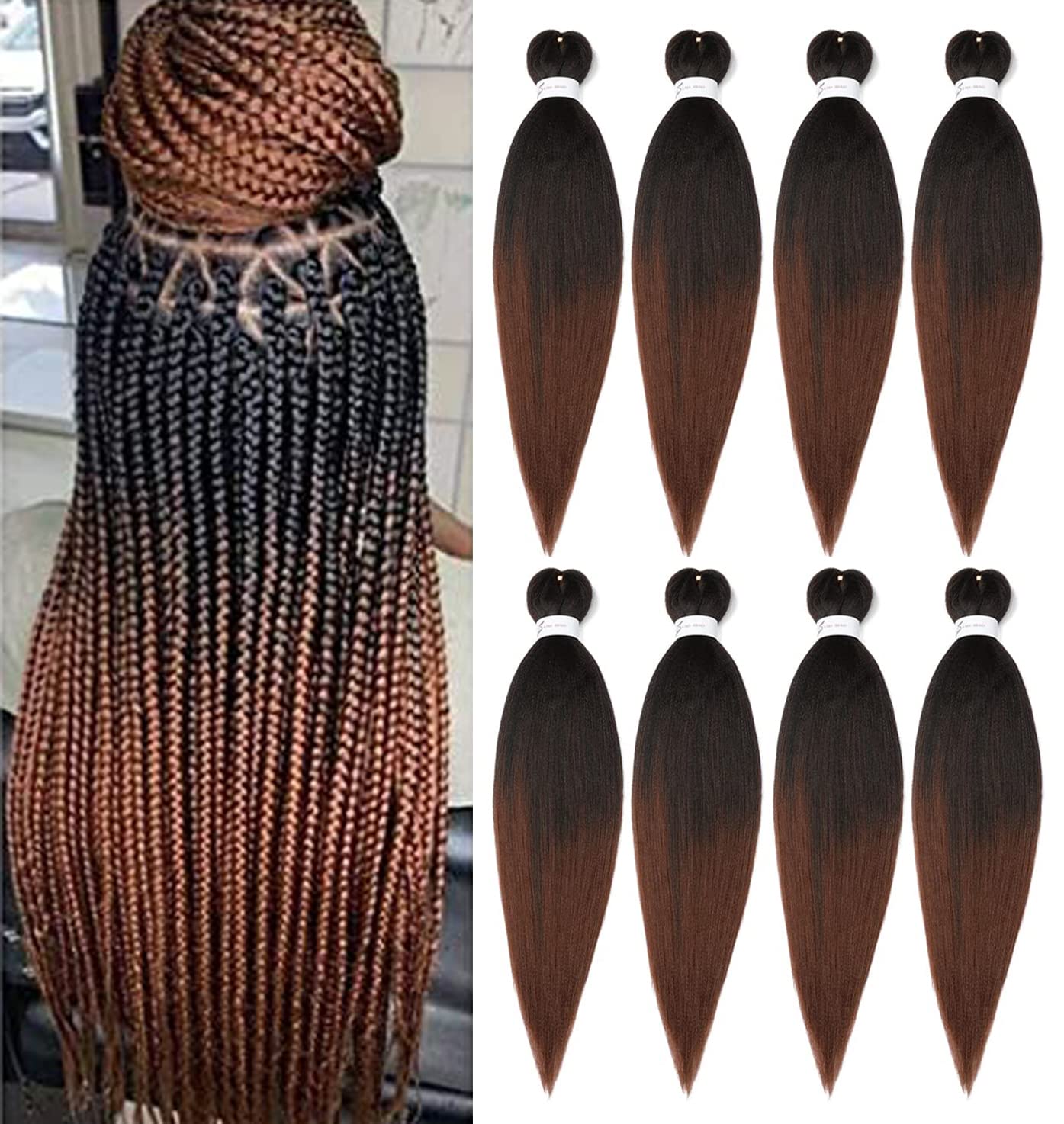 Braiding Hair Pre Stretched 24 Inch 8 Packs Ombre Braiding Hair Professional Soft Yaki Texture, Hot Water Setting Hair Extensions for Braids (24in,1B/30)