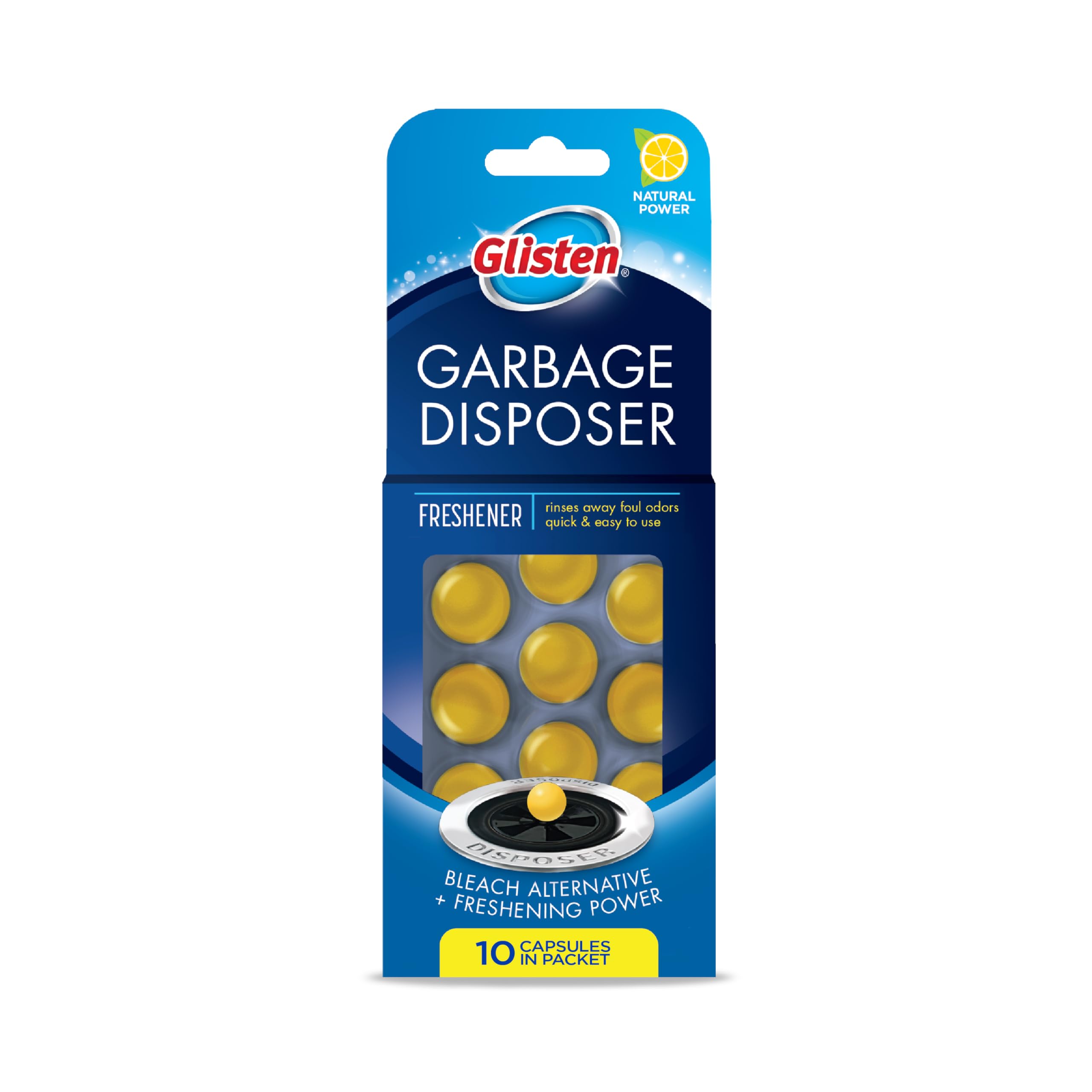 Glisten Garbage Disposer Freshener, Sink Disposal Odor Eliminator, Quick and Easy-to-Use, Lemon Scent, 10 Capsules