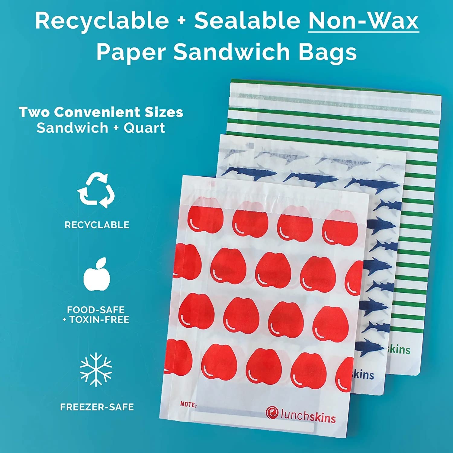 Lunchskins Paper Sandwich Bags - Sealable, Recyclable & Grease-Resistant - Disposable Snack Bags for Kids & Family - Self-Adhesive Closure for Freshness - Perfect for On-the-Go & Home Use