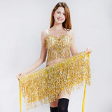 Women's Sequin Tassel Skirts Sparkly Rave Fringe Hip Scarf for Festival Costume(Pink)