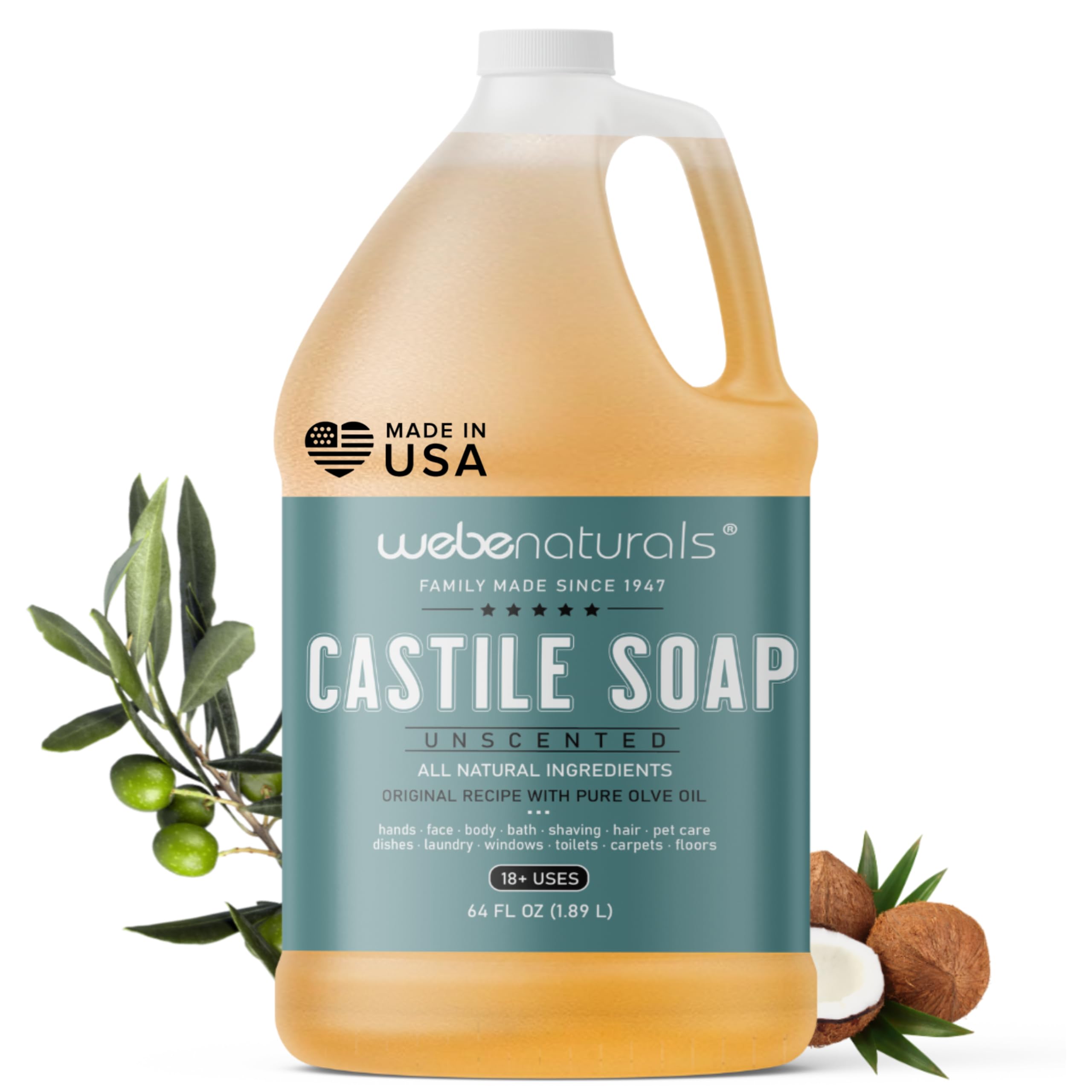 WEBE Pure Unscented Castile Liquid Soap Refill, 64 Ounce | Vegan & Gluten Free Non-GMO, For Face, Body Wash, Dishes, Pets & Laundry
