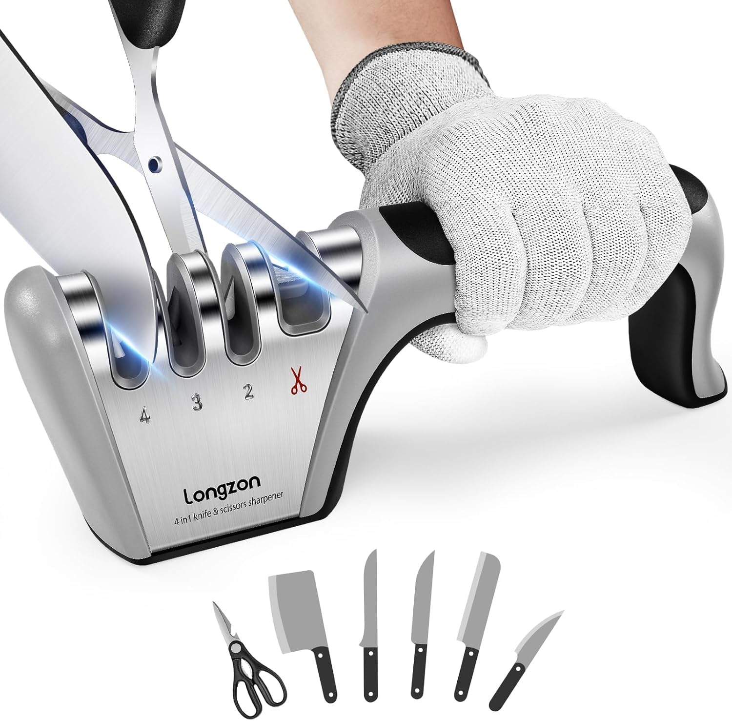 Longzon 4-in-1 Knife Sharpener [4 Stage] with a Pair of Cut-Resistant Glove, Original Premium Polish Blades, Best Kitchen Knife Sharpener Really Works for Fruit Knife and Steel Knives, Scissors