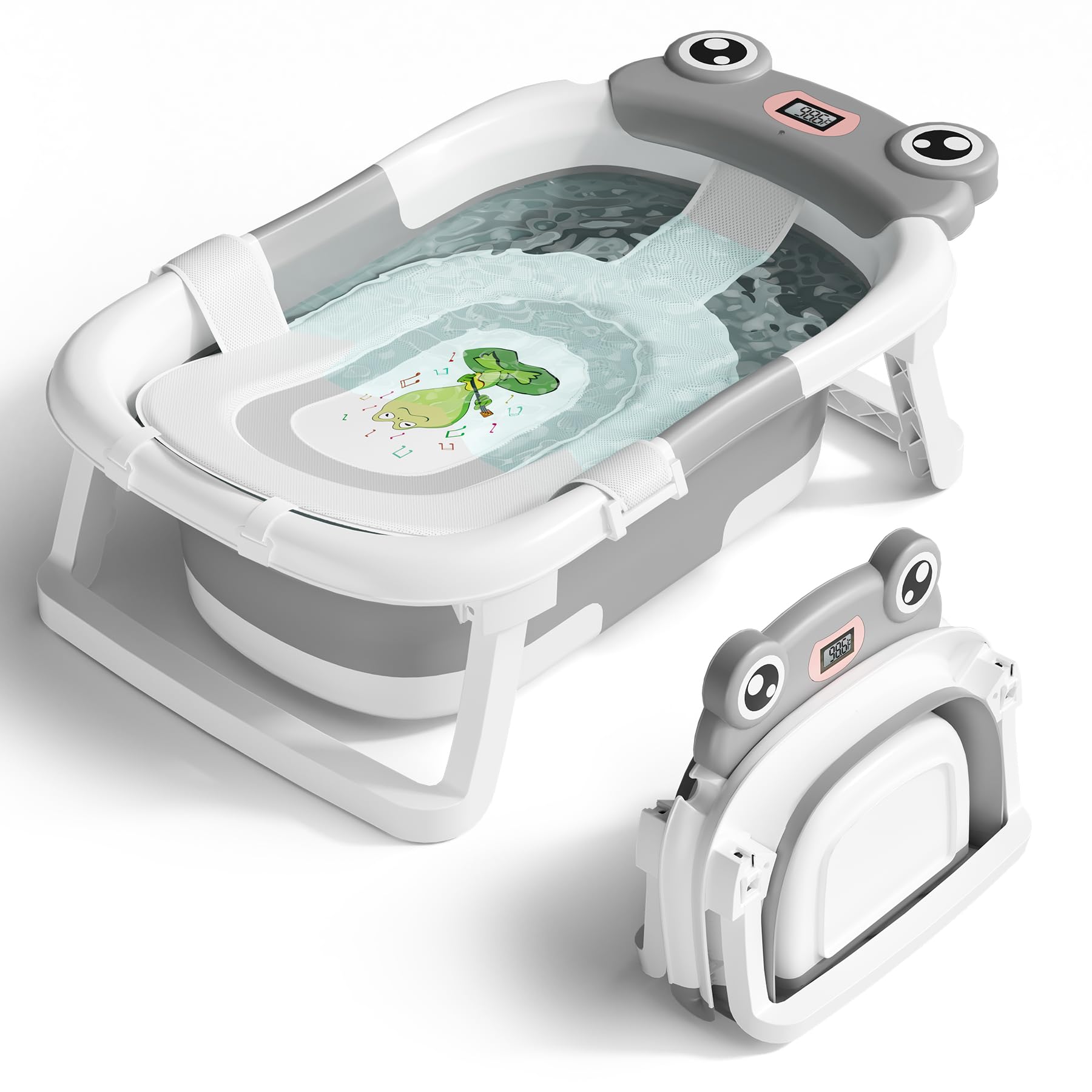 Baby Bathtub, Collapsible Newborn Bathtub for Infant to Toddler 0-24 Months with Soft Cushion and Thermometer,Portable Travel Newborn Tub with No-Slip Feet, Baby Shower Gifts,Grey