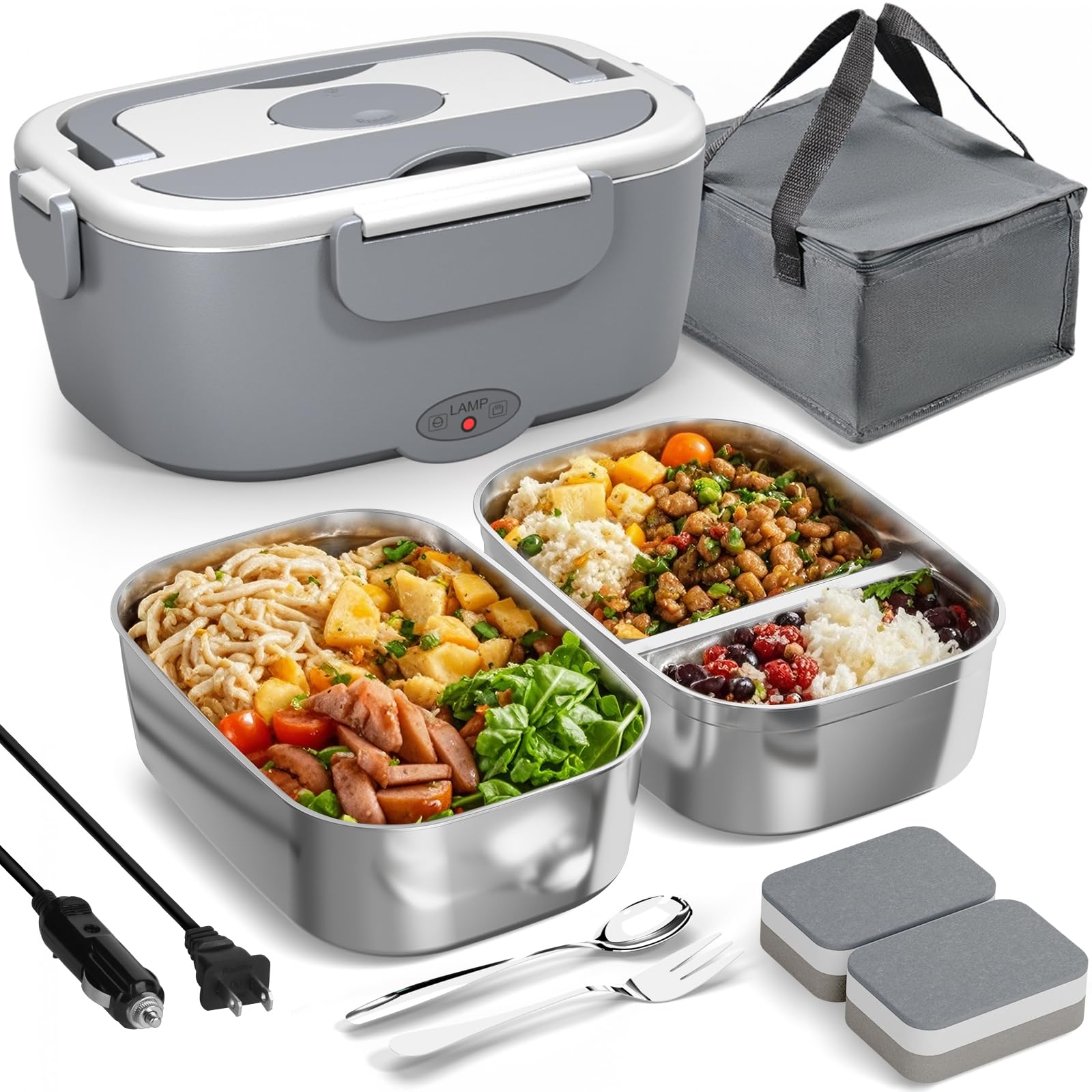 Electric Lunch Box for Adults - 80W Fast Heated Lunch Box for Men&Women with Dual 1.5L Stainless Steel Containers Fast Heating Portable Food Warmer for Car&Truck lonchera electrica porttil
