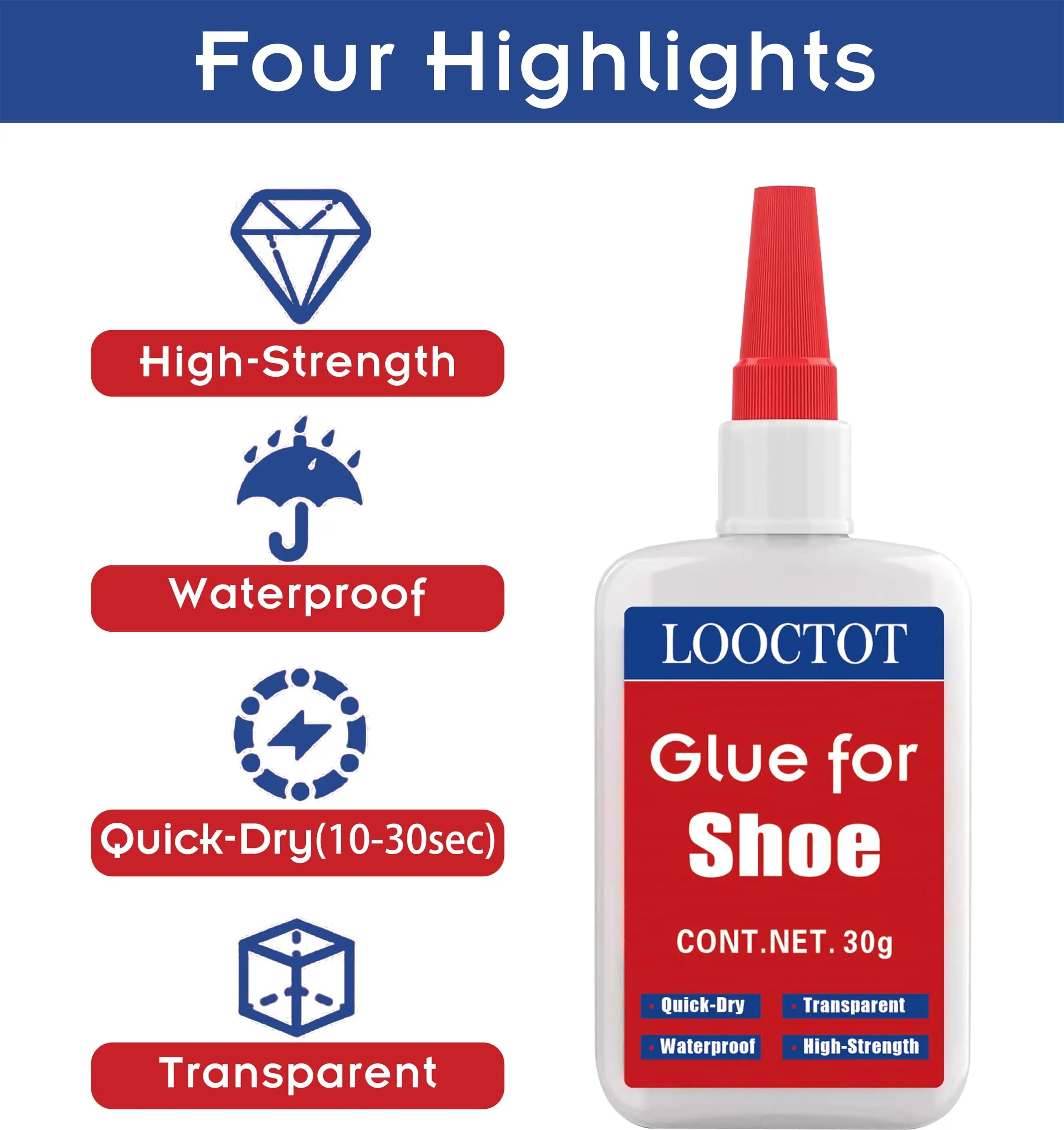 LOOCTOT 30g Shoe Glue,Boot Glue,Super Instant Glue for Shoe and Sole Repair,Shoe Heel Repair,Bonding Various Materials Such as Rubber,Leather;Waterproof Clear