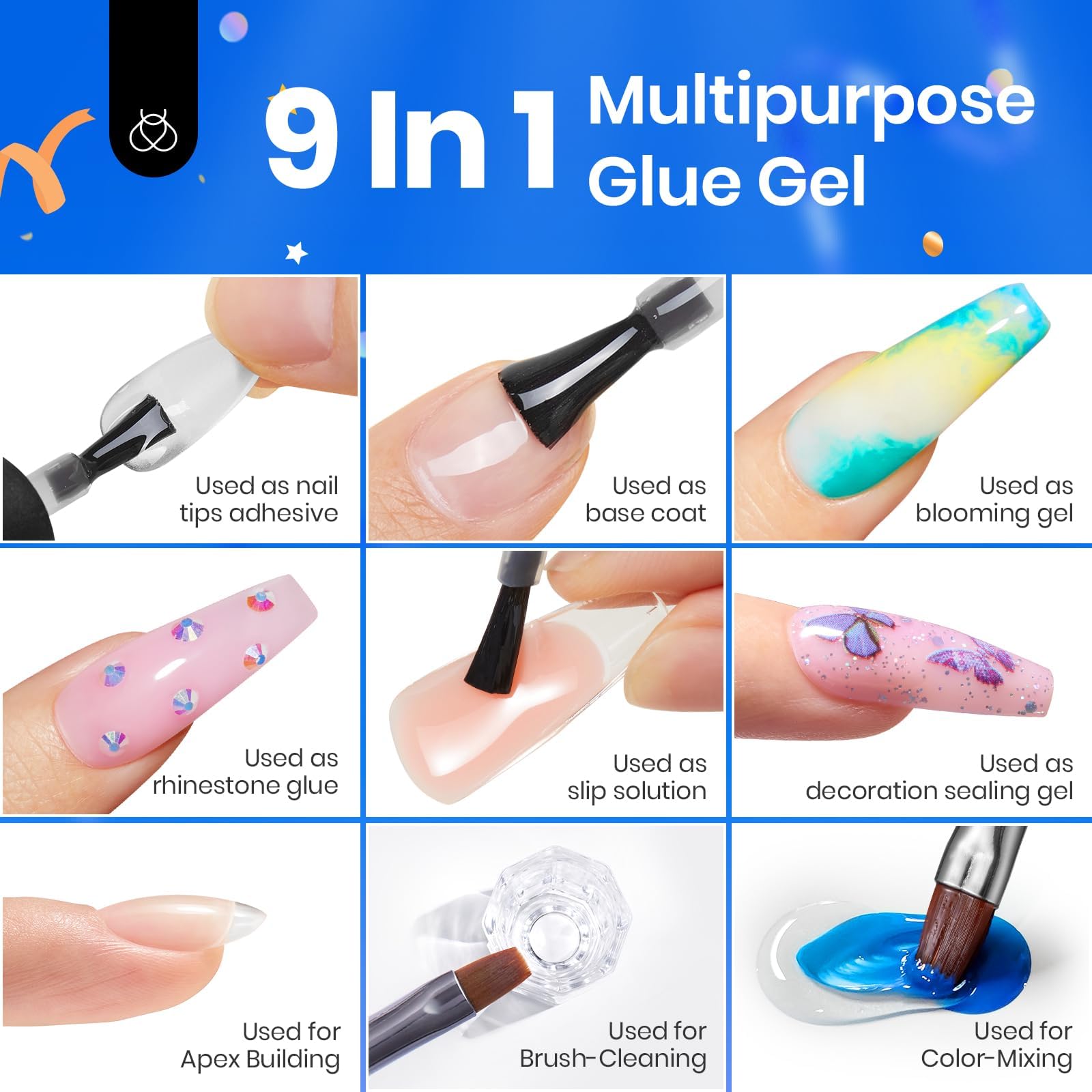 Beetles Gel Polish 9 in 1 Nail Glue with New Formula, 0.5 Fl Oz Super Strong Brush in Nail Gel Glue for False Nails Tips, Rhinestone, Base Gel, Blooming Nail Gel