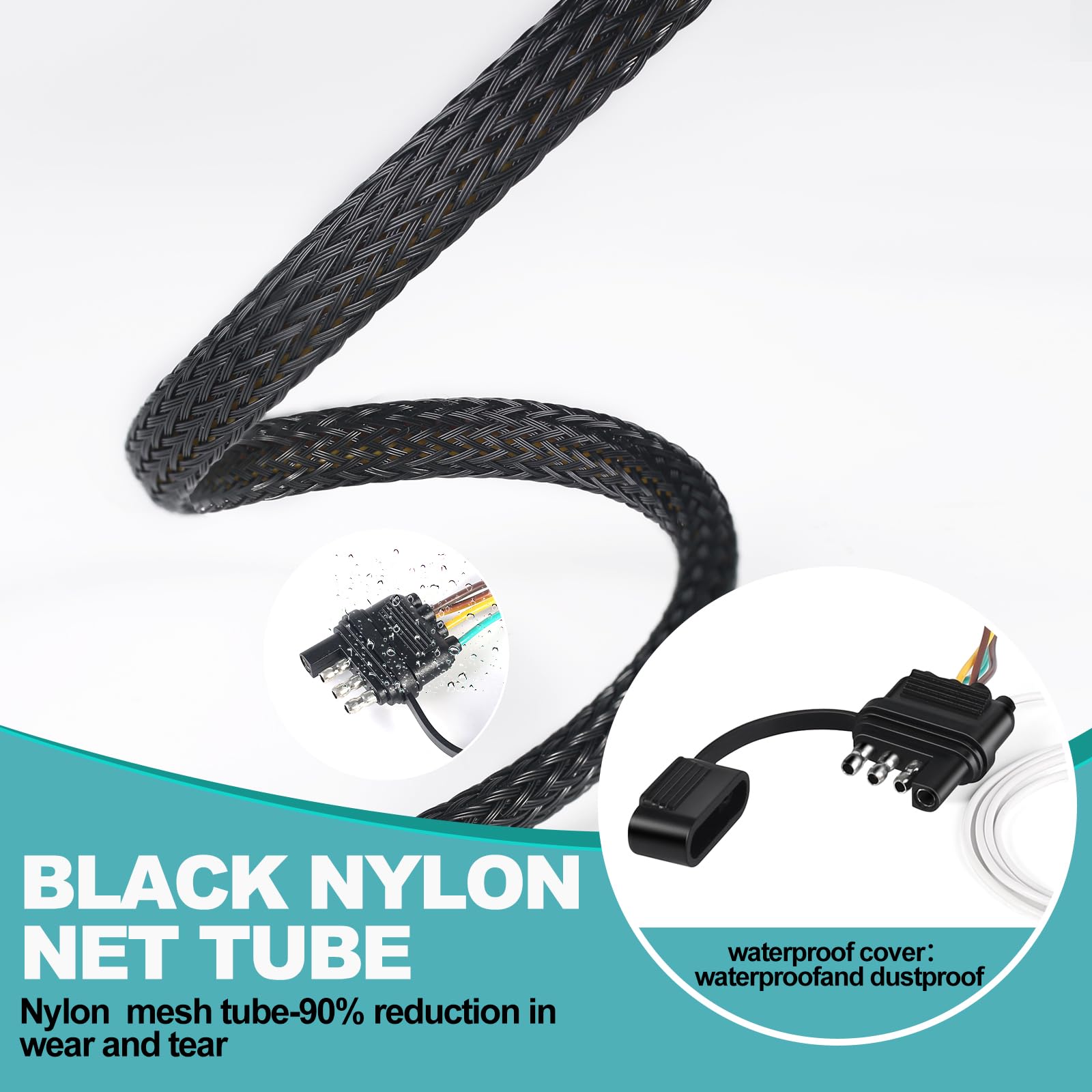 ATQYZLM 22FT 4 Pin 5 Wire Trailer Wiring Harness Protected by Nylon Net Tube, Utility Pure Copper Boat Trailer Wiring Kit for Trailer Tail Light Rewiring, Waterproof 4 Pin 5 Wire Trailer Connector