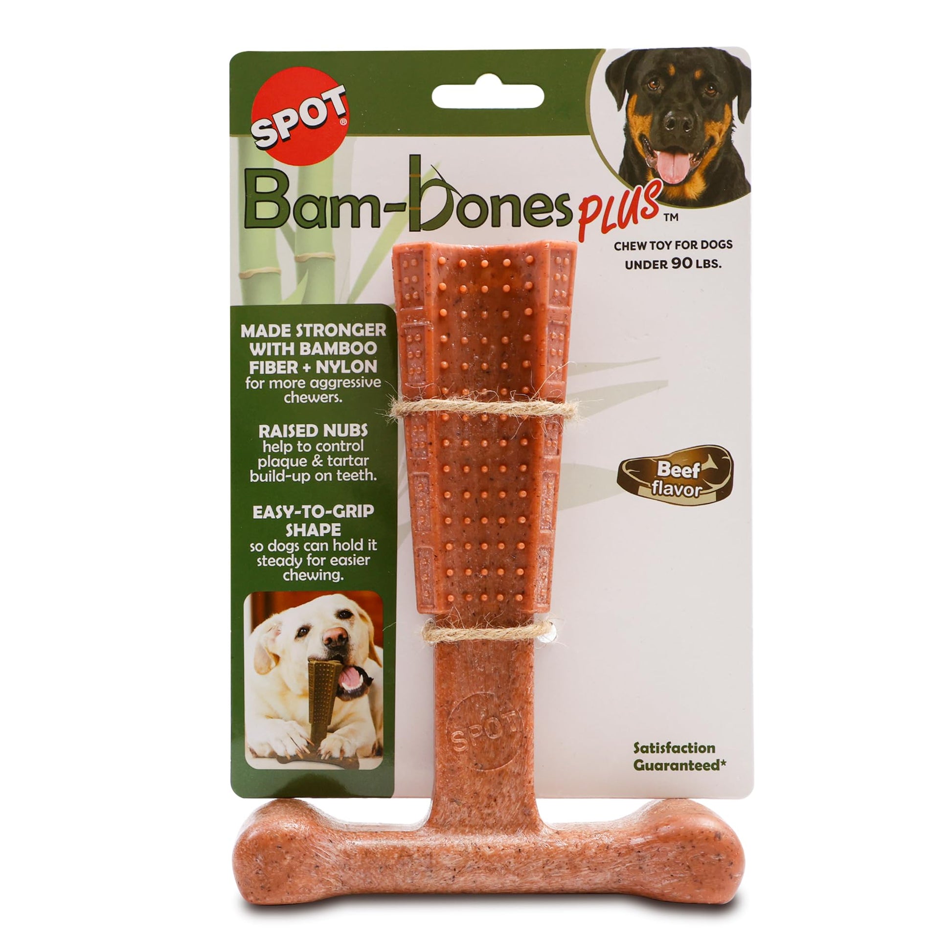 SPOT Bam-bones PLUS T Bone - Bamboo Fiber & Nylon, Durable Long Lasting Dog Chew for Aggressive Chewers – Great Toy for Adult Dogs & Teething Puppies under 60lbs, Non-Splintering, 6in, Beef Flavor
